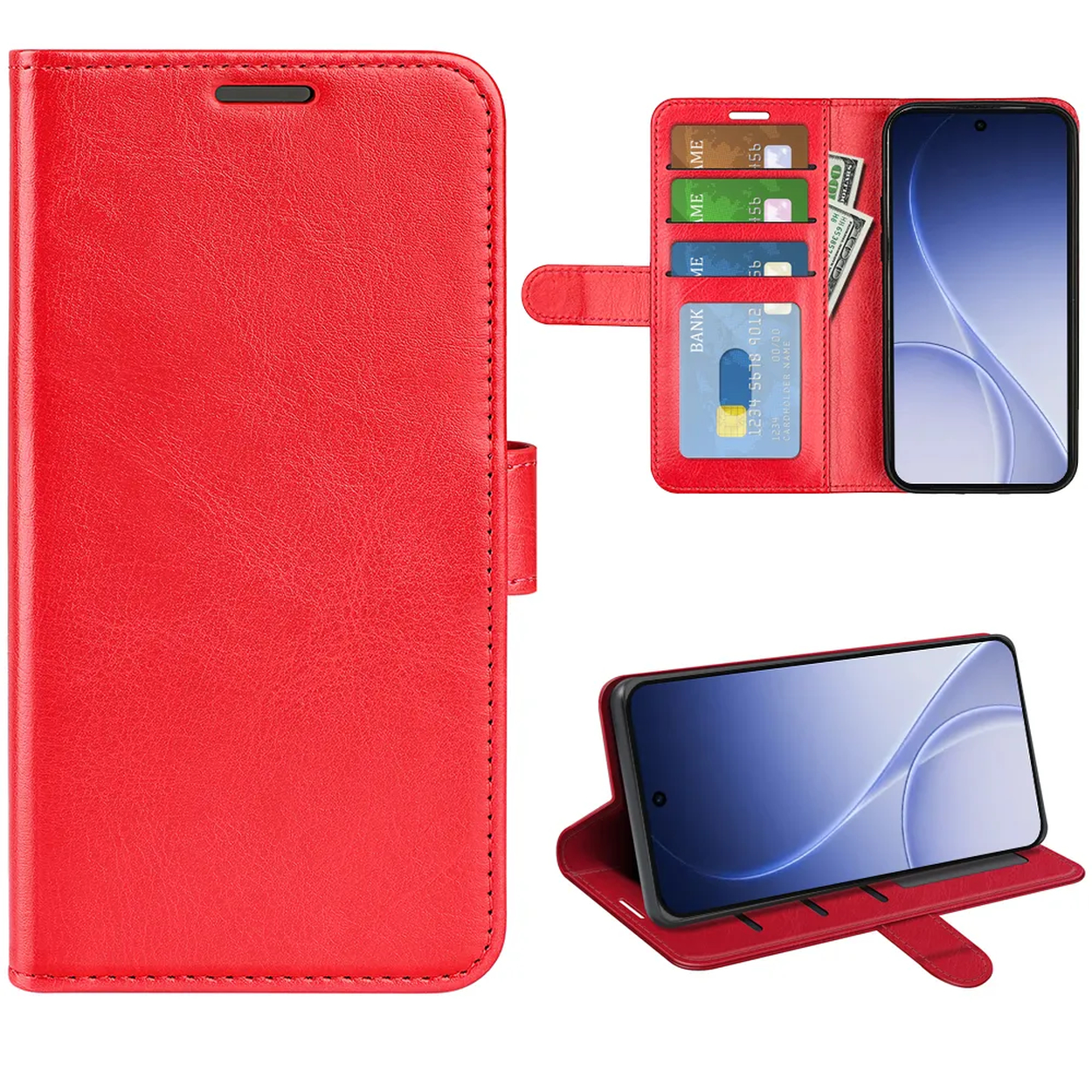 Étui rouge en cuir pour téléphone avec fentes pour cartes et billets.