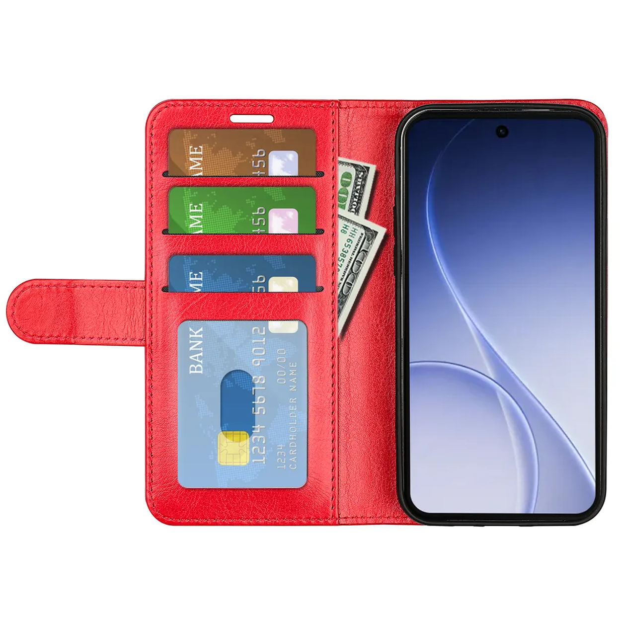 Étui de téléphone en cuir rouge avec fentes pour cartes, billets et smartphone.