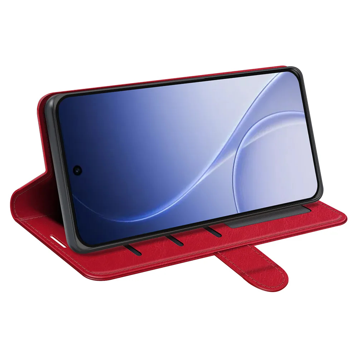 Étui rouge à rabat pour téléphone avec un smartphone à l'intérieur.