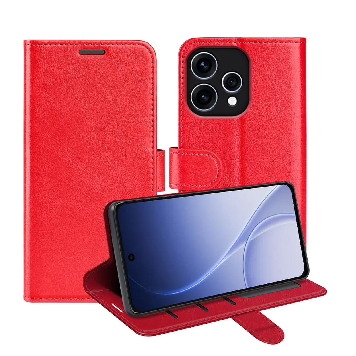 Étui en cuir rouge ouvert, montrant le téléphone et détail caméra.