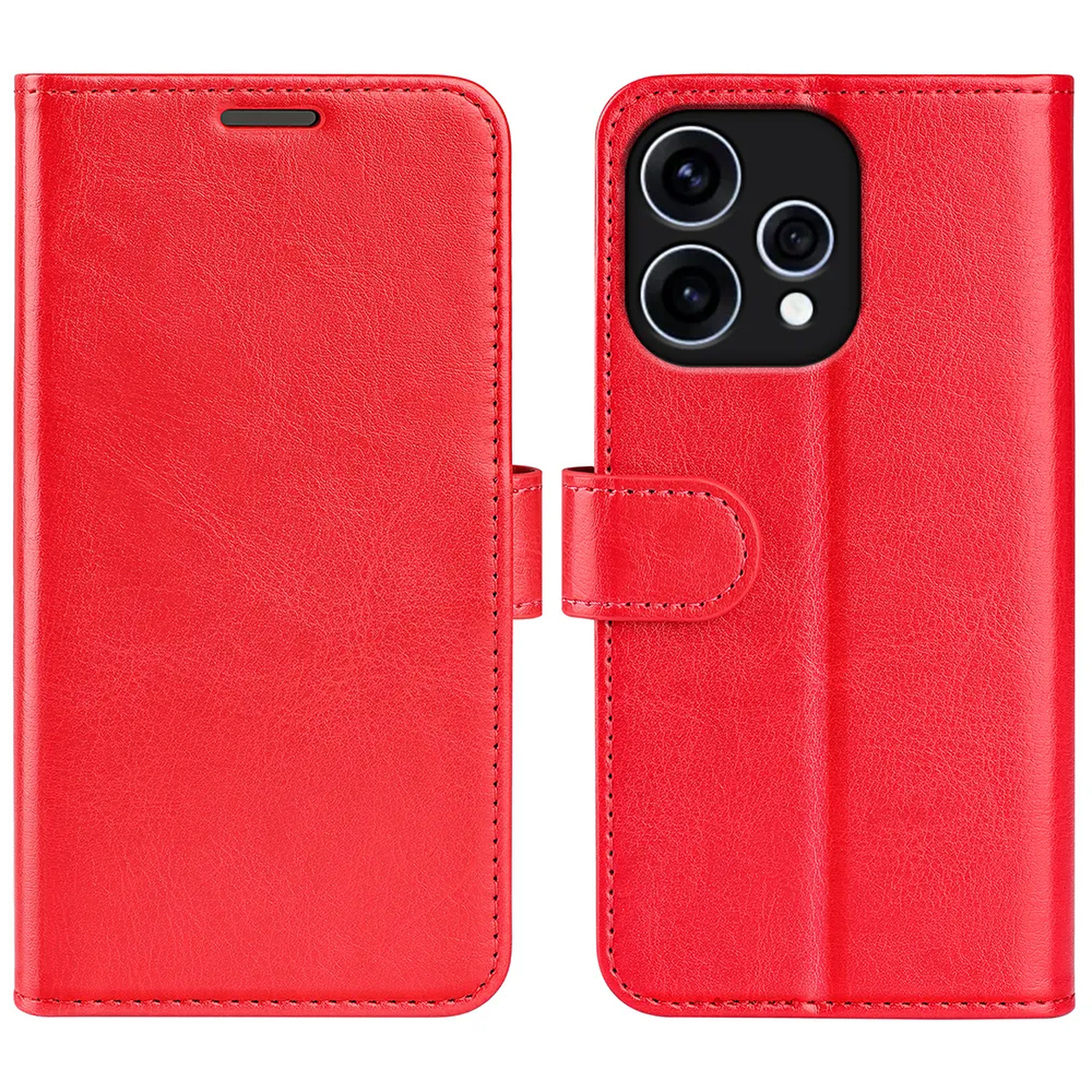 Étui de téléphone rouge à rabat avec découpes pour appareil photo et fermeture magnétique.