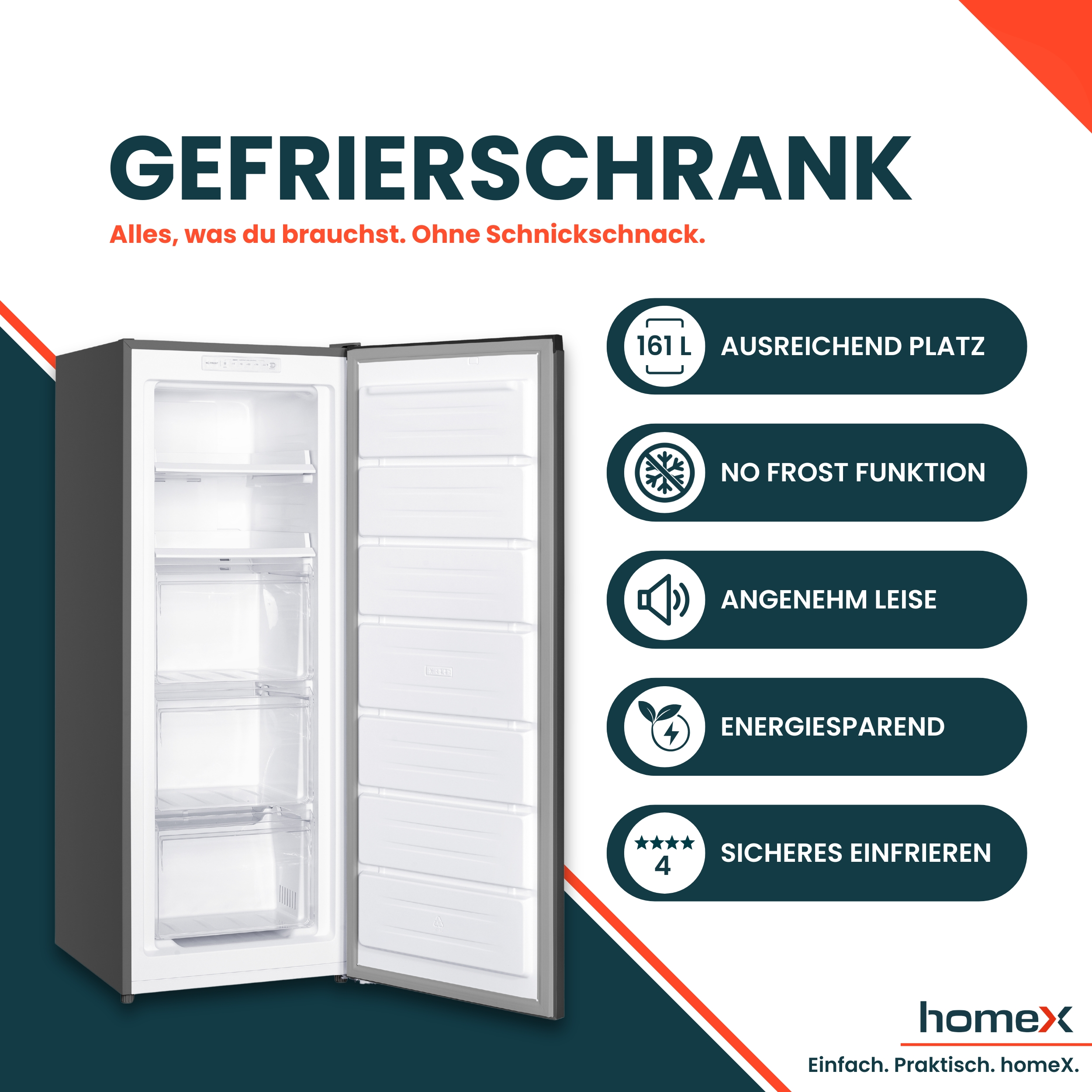Ein offener Gefrierschrank mit mehreren Fächern und Infografiken.