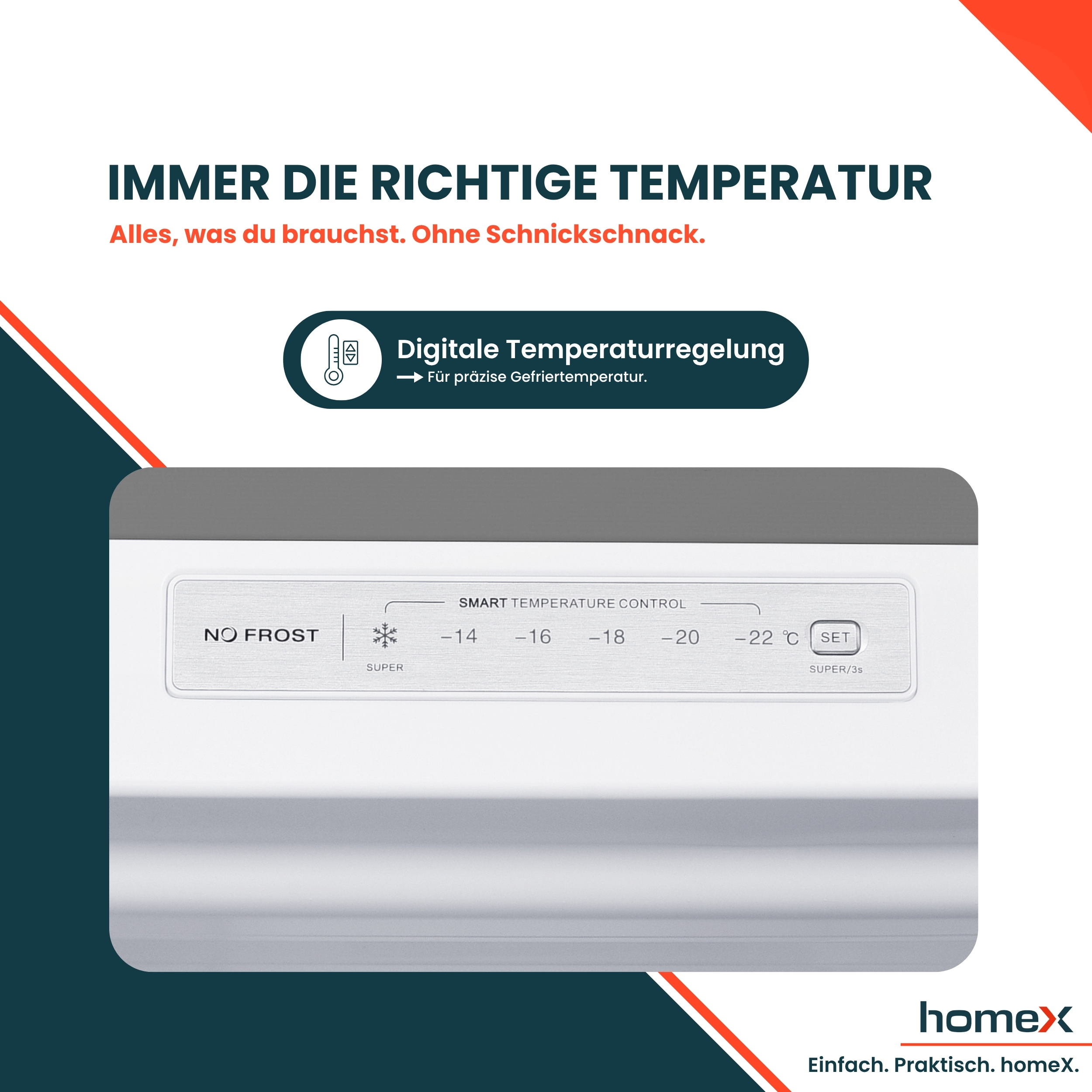 Ein Kühlschrankdisplay mit digitaler Temperaturregelung und 'No Frost'-Funktion.