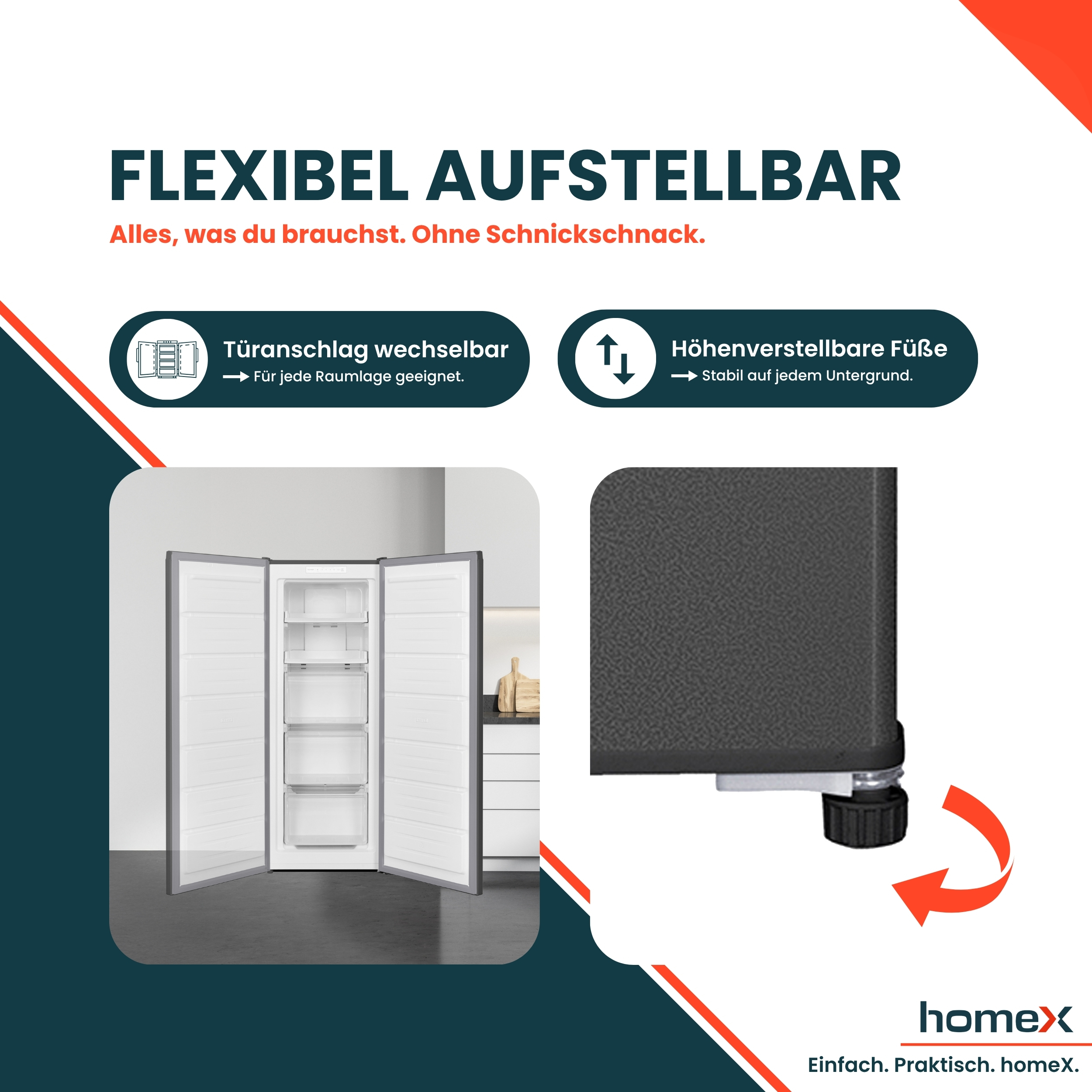 Ein Kühlschrank mit offenen Türen und ein Detail der verstellbaren Füße.