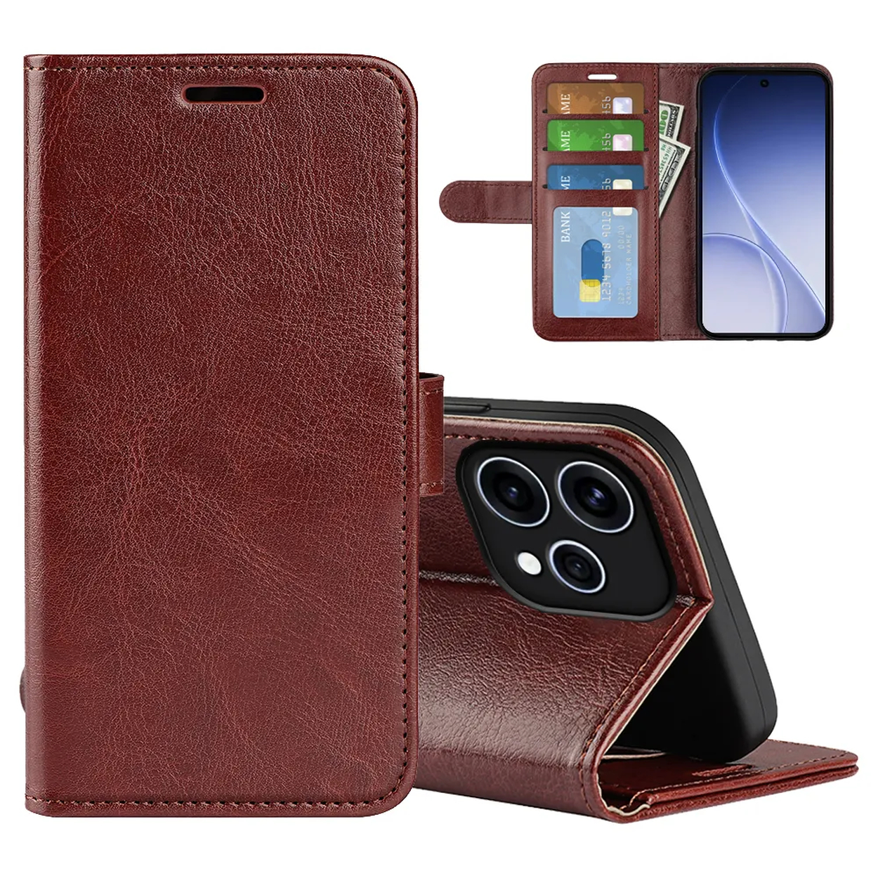 Étui portefeuille en cuir marron pour téléphone avec fentes pour cartes et porte-billets.