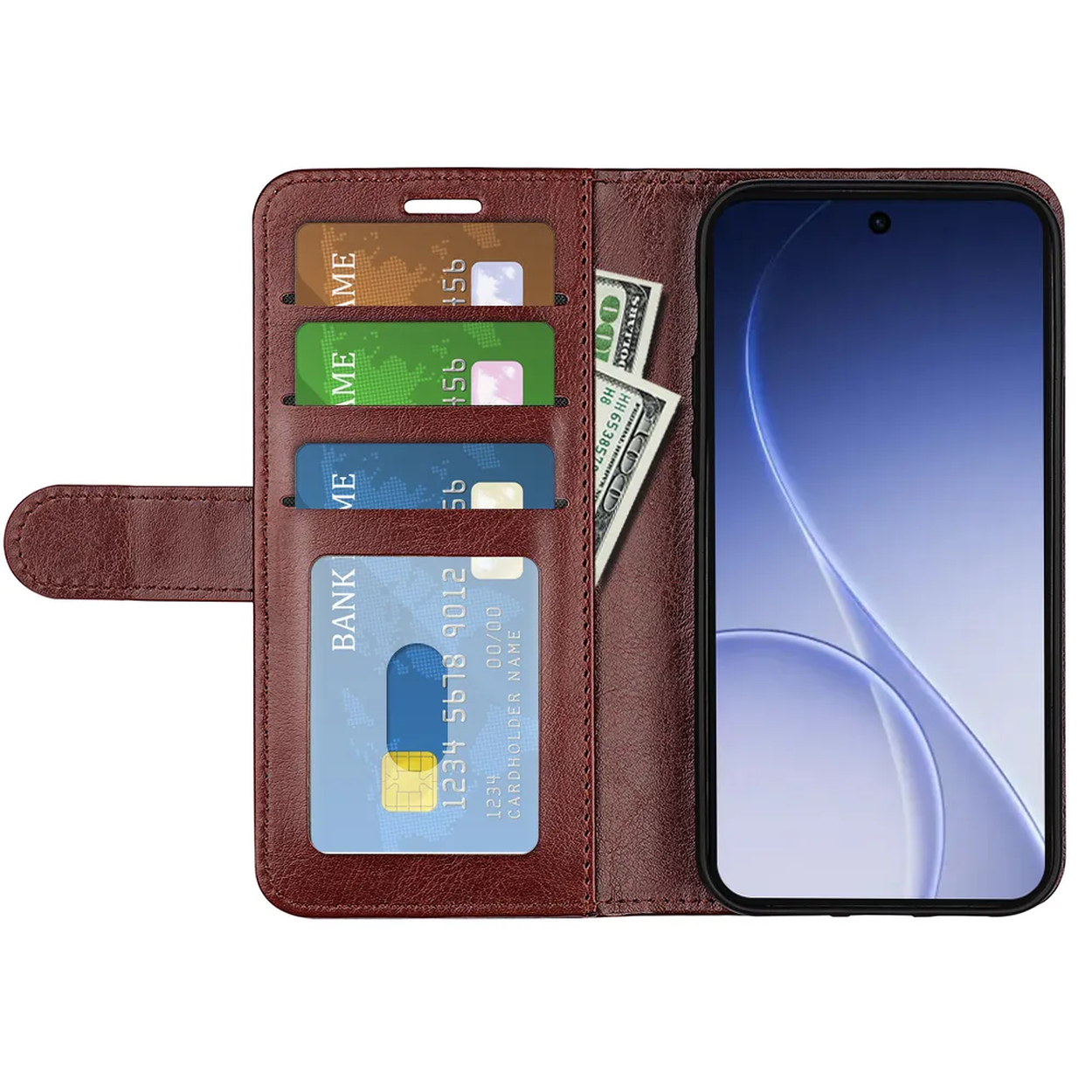 Étui portefeuille en cuir marron avec cartes de crédit, argent liquide et téléphone.