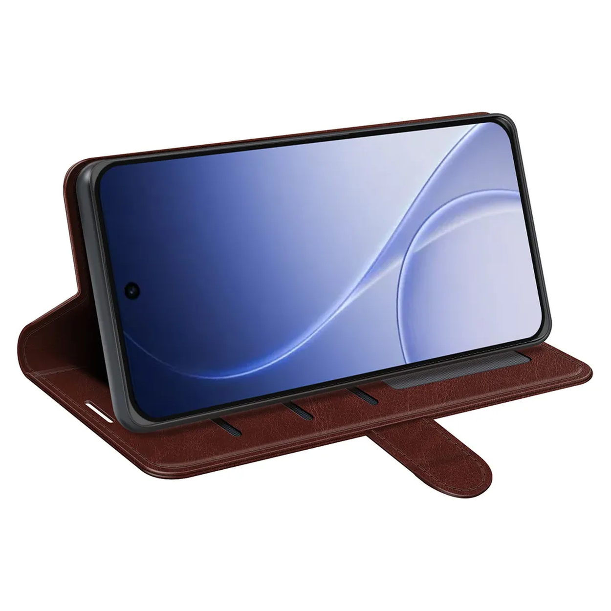 Étui de téléphone en cuir marron style portefeuille avec smartphone relevé.