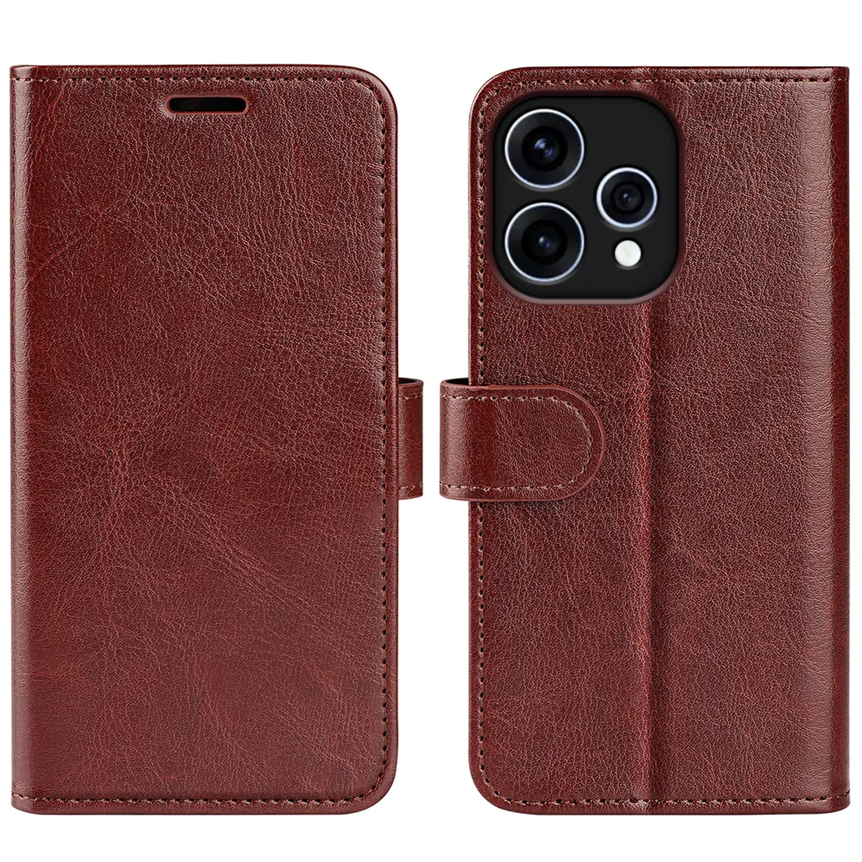 Étui en cuir marron pour téléphone ouvert, révélant la caméra et fermeture magnétique.