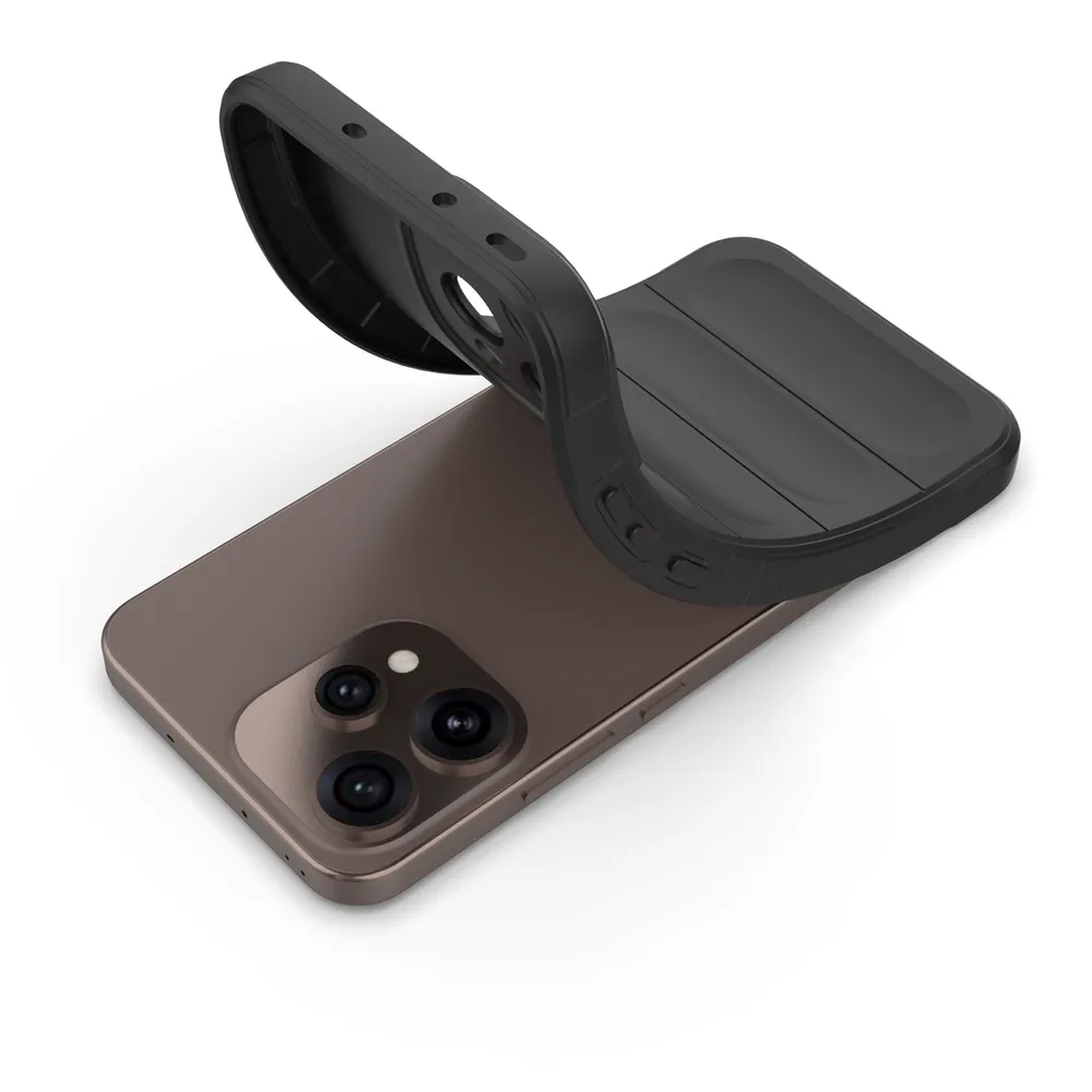 Une coque de téléphone noire est placée sur un smartphone marron.