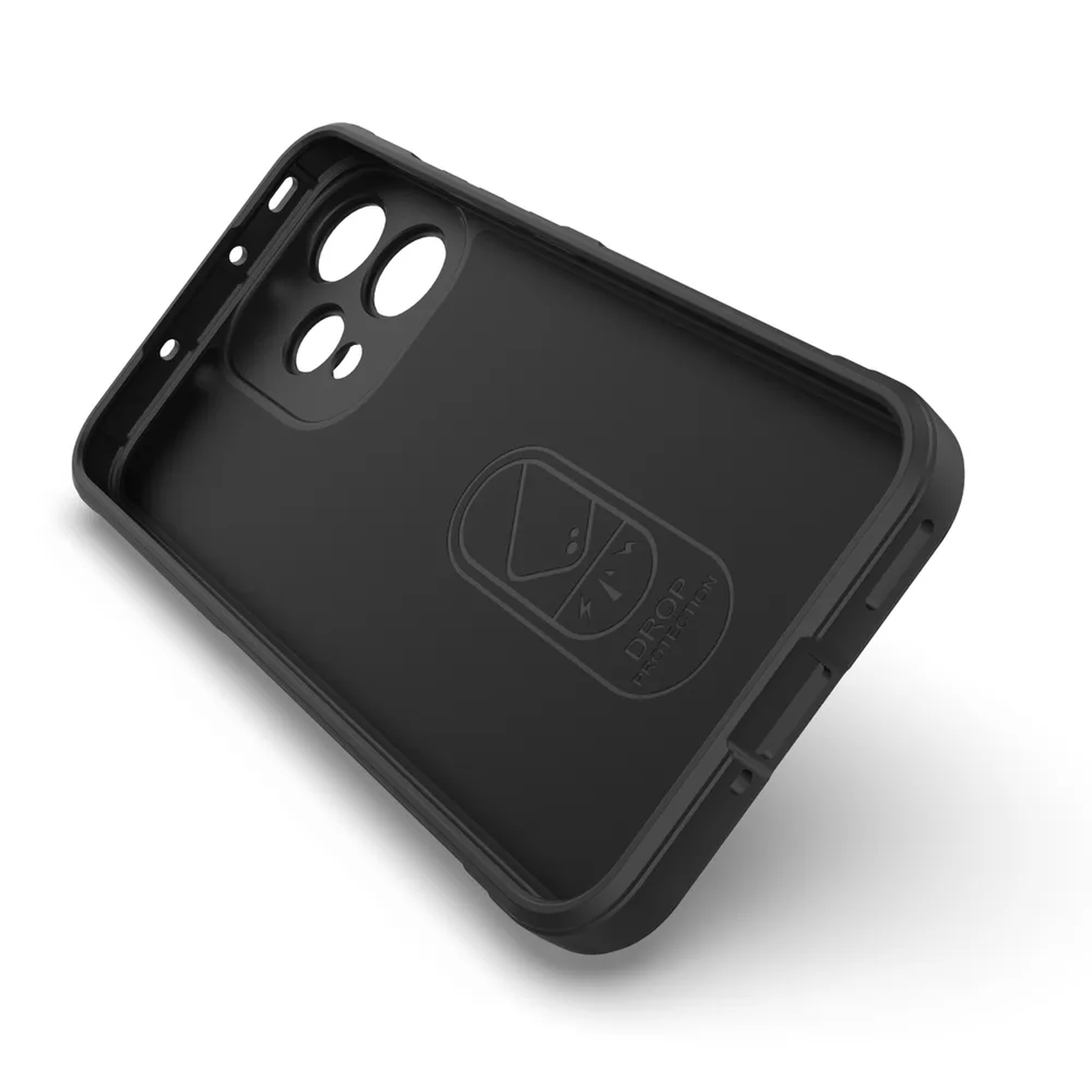 Intérieur de coque de téléphone noire avec découpes caméra et logo.
