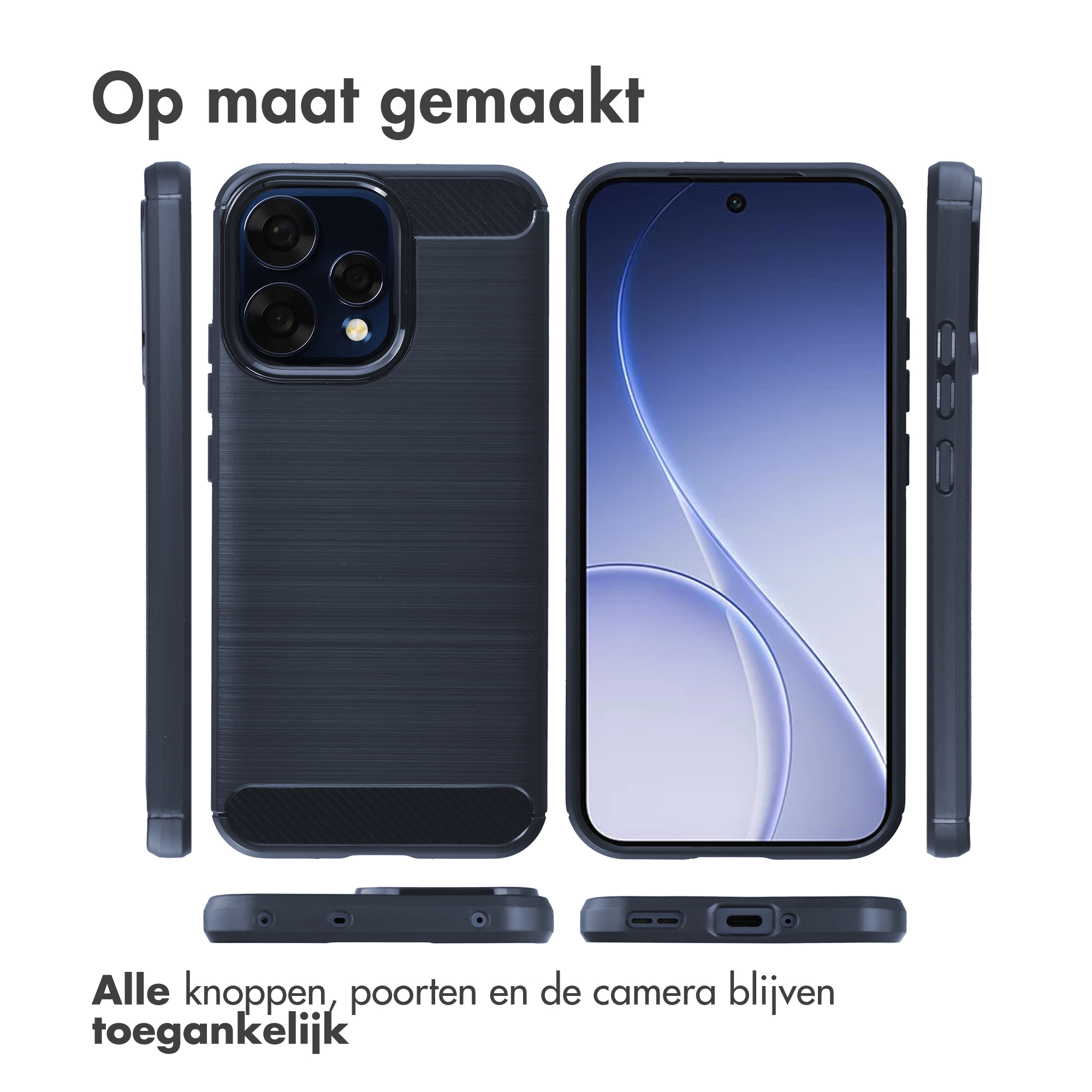 Coque de téléphone bleu foncé brossée, vues avant et arrière.