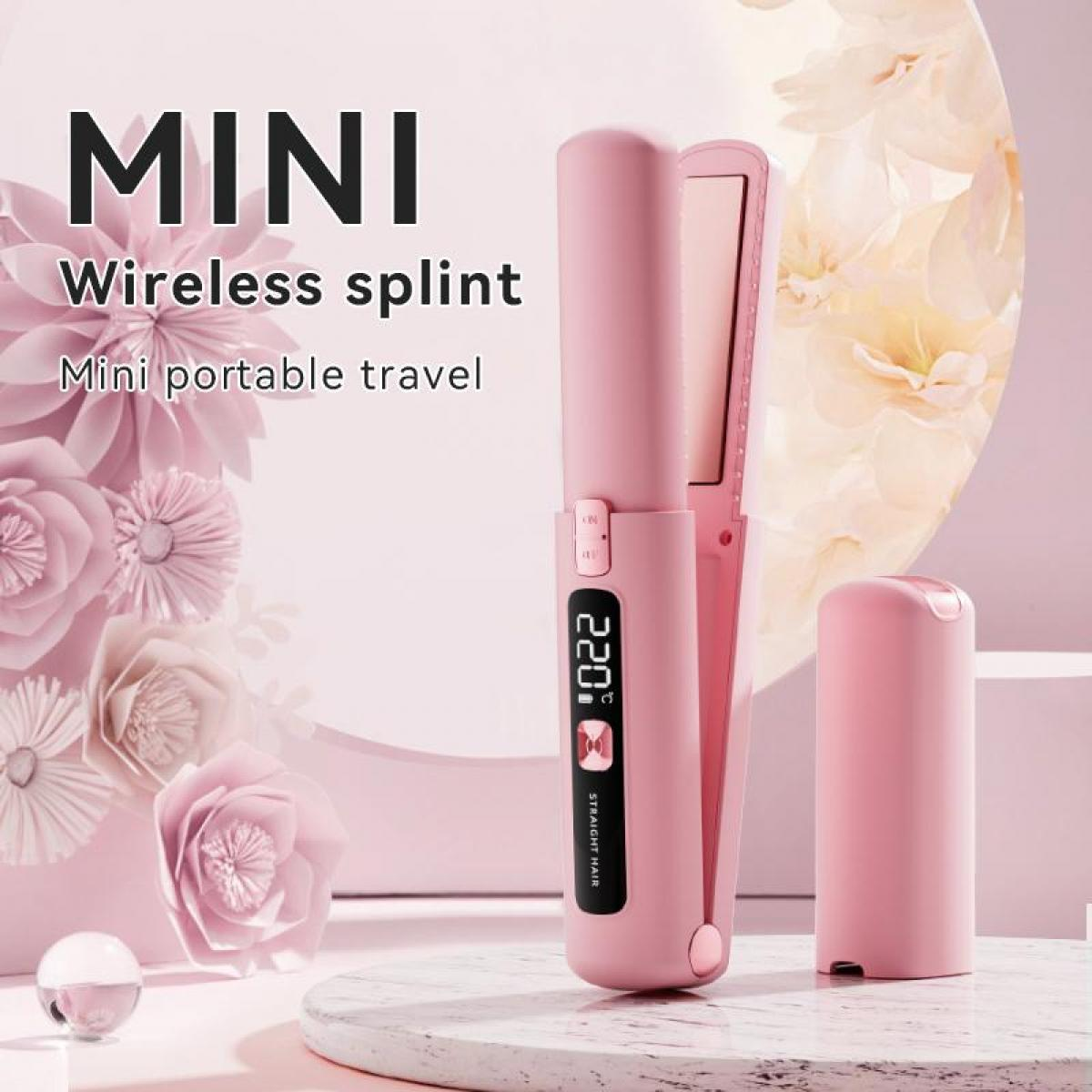 Ein rosafarbener kabelloser Mini-Haarglätter steht neben seiner Kappe, umgeben von Blumen.
