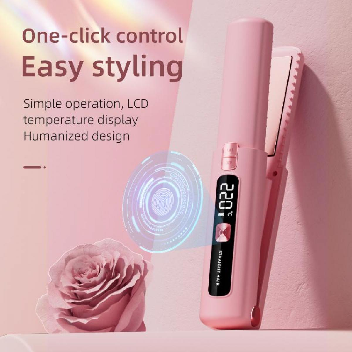 Pinker Haarglätter mit LCD, zeigt 220°C, neben einer rosa Rose.