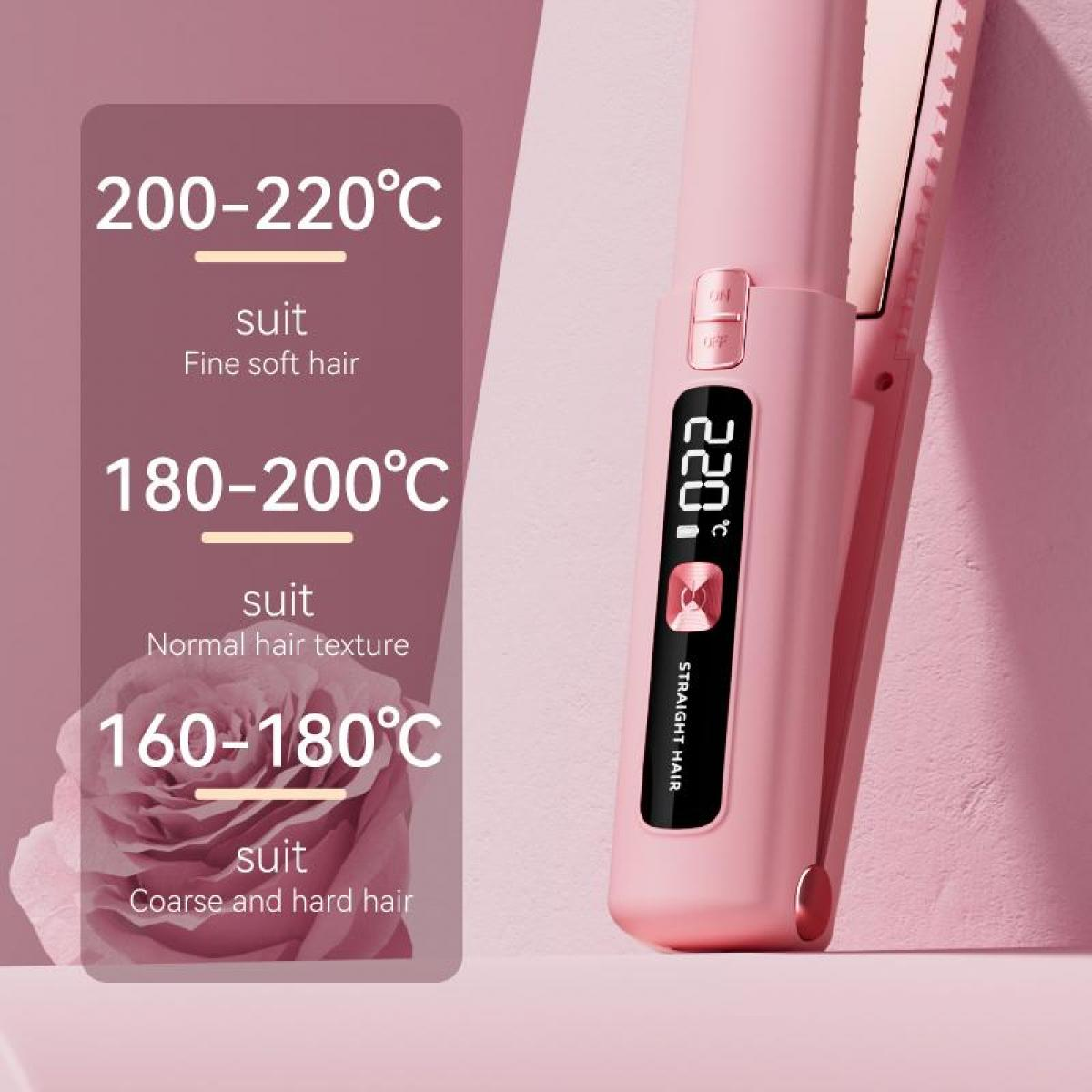 Rosa Haarglätter mit Digitalanzeige zeigt 220°C und Temperatureinstellungen für Haartypen.