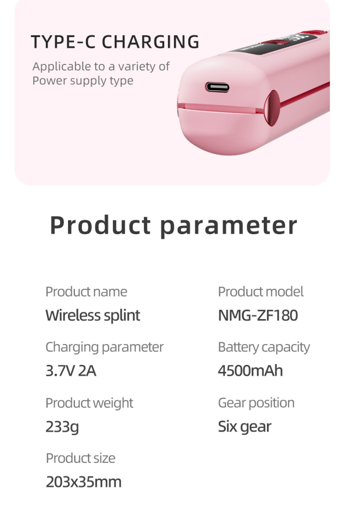 Rosa Keramik-Haarglätter mit Typ-C-Anschluss und Produktinformationen.