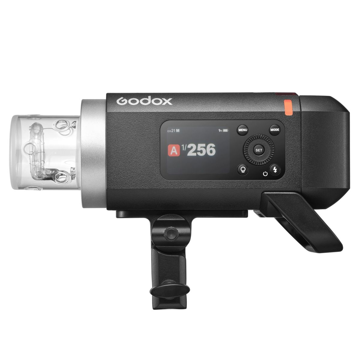 Black Godox flash with silver reflector and LCD showing 1/256 power setting.
