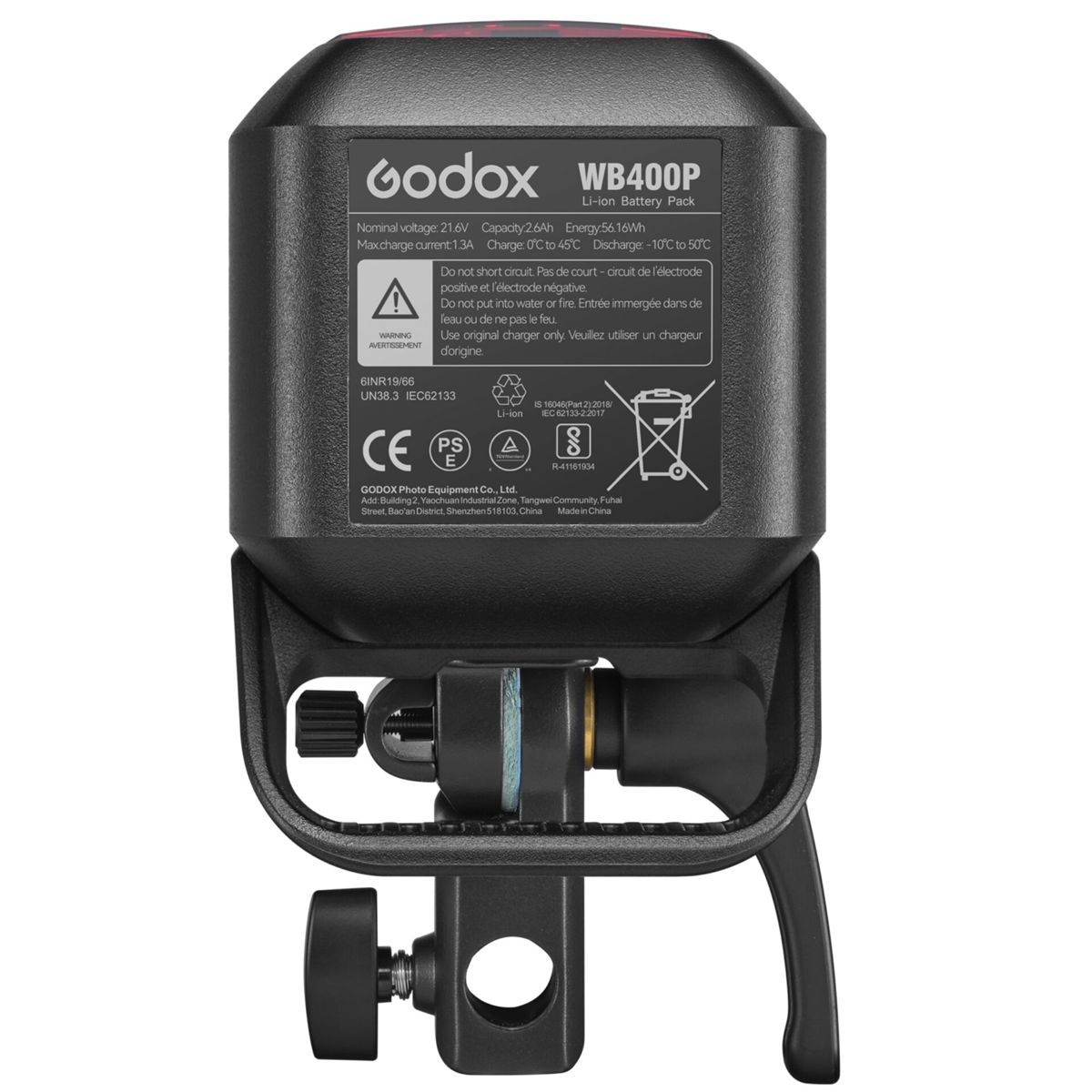 Black Godox WB400P Li-ion battery pack with specifications and warnings.