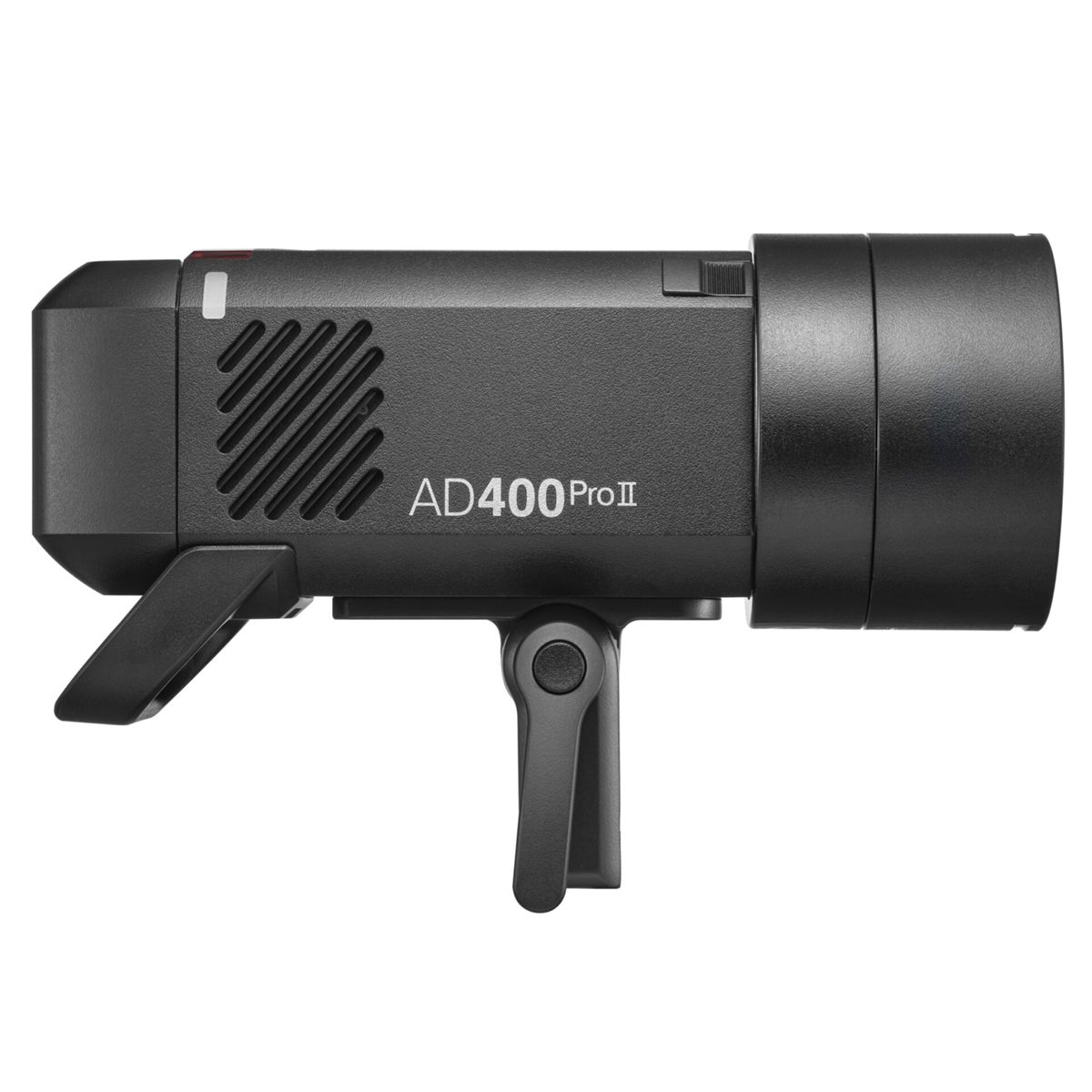 Black AD400 Pro II strobe light with mount and ventilation slits.