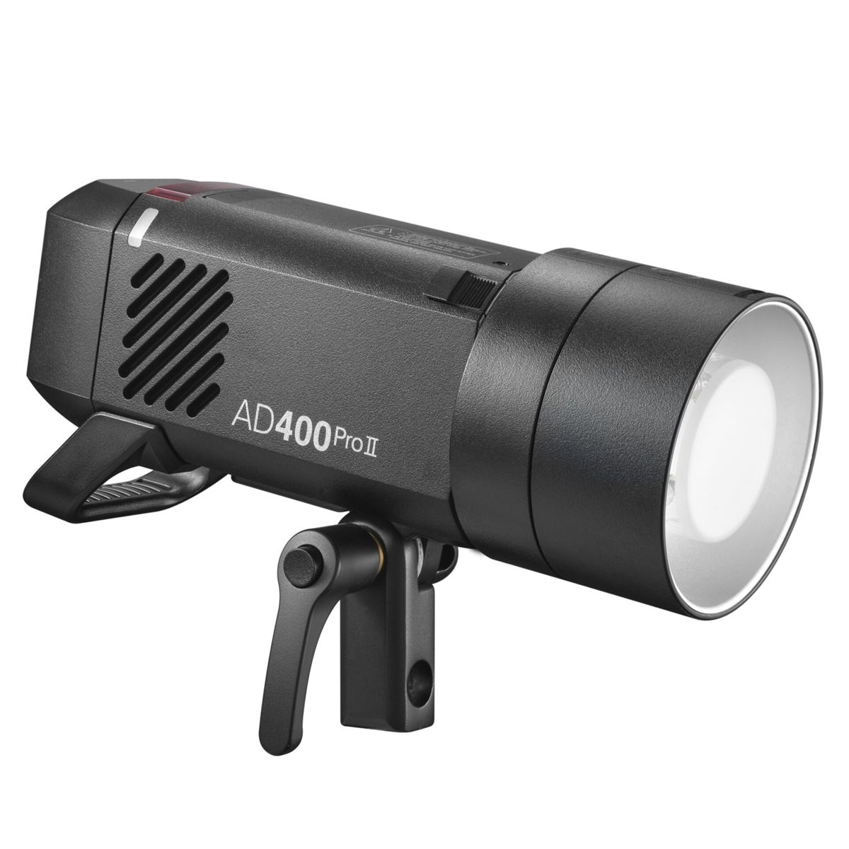 A black AD400ProII strobe head with a bracket, isolated on a white background.