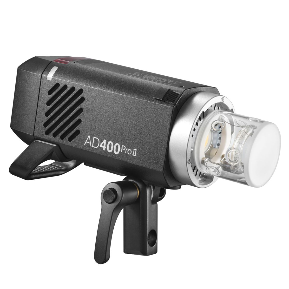 Black AD400Pro II camera flash with silver reflector and mount.