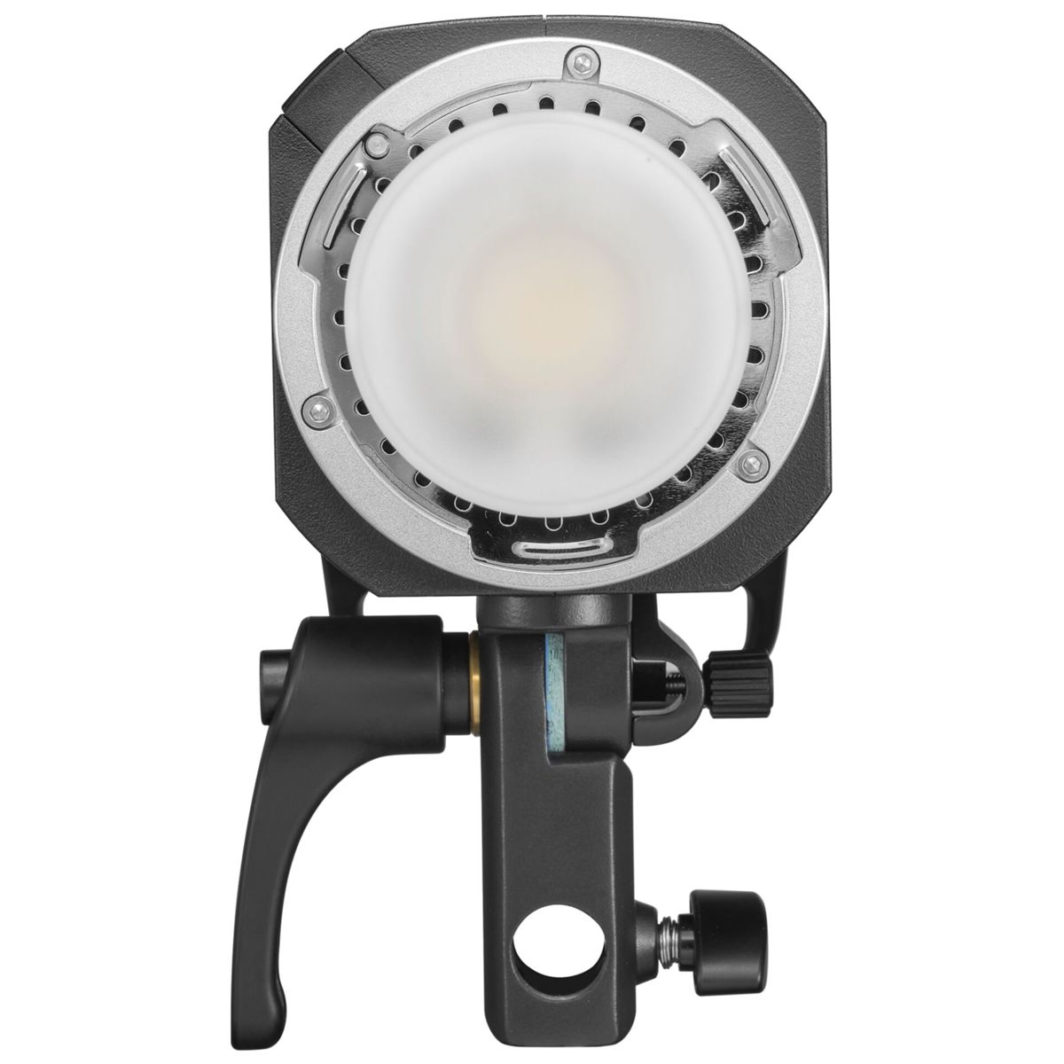 A studio light with a diffused LED and a black mount.
