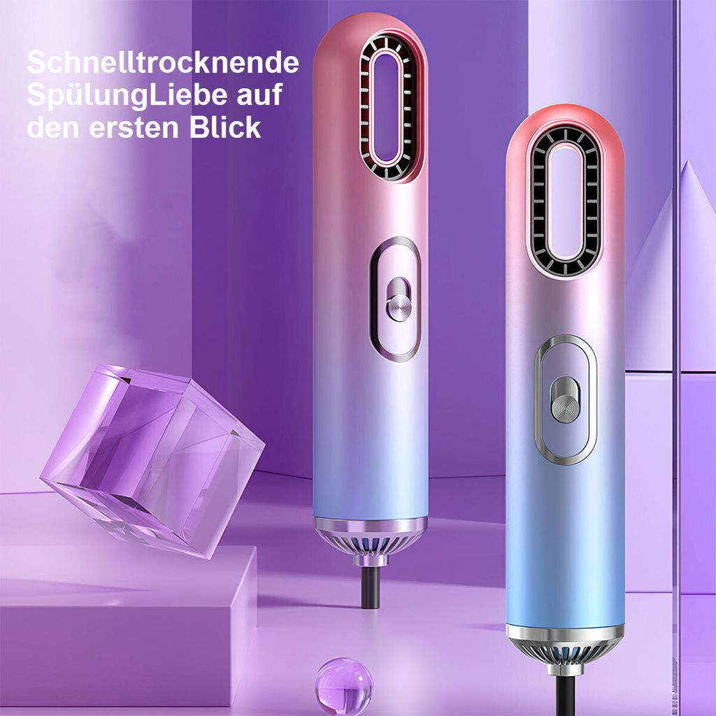 Zwei rosafarbene und blaue Haarrockner mit Farbverlauf auf lila Hintergrund mit Kristallwürfel.