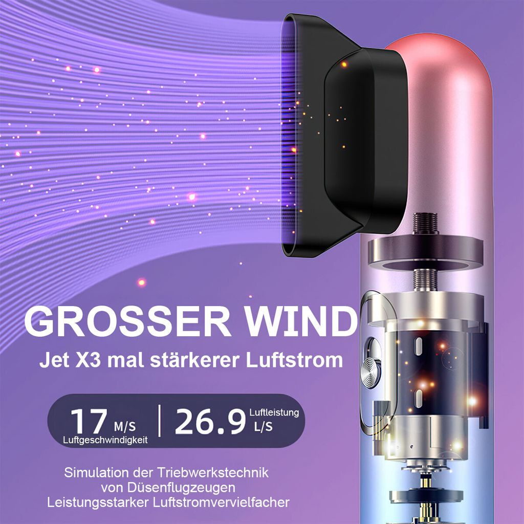 Ein rosa Haartrockner mit Düse und starkem Luftstrom, zeigt Daten an.