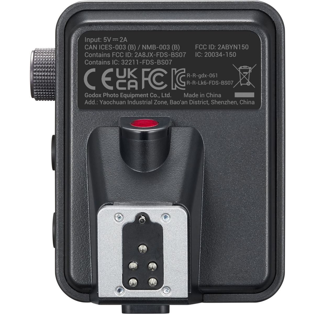Black flash unit with silver connector, red button, and printed text.
