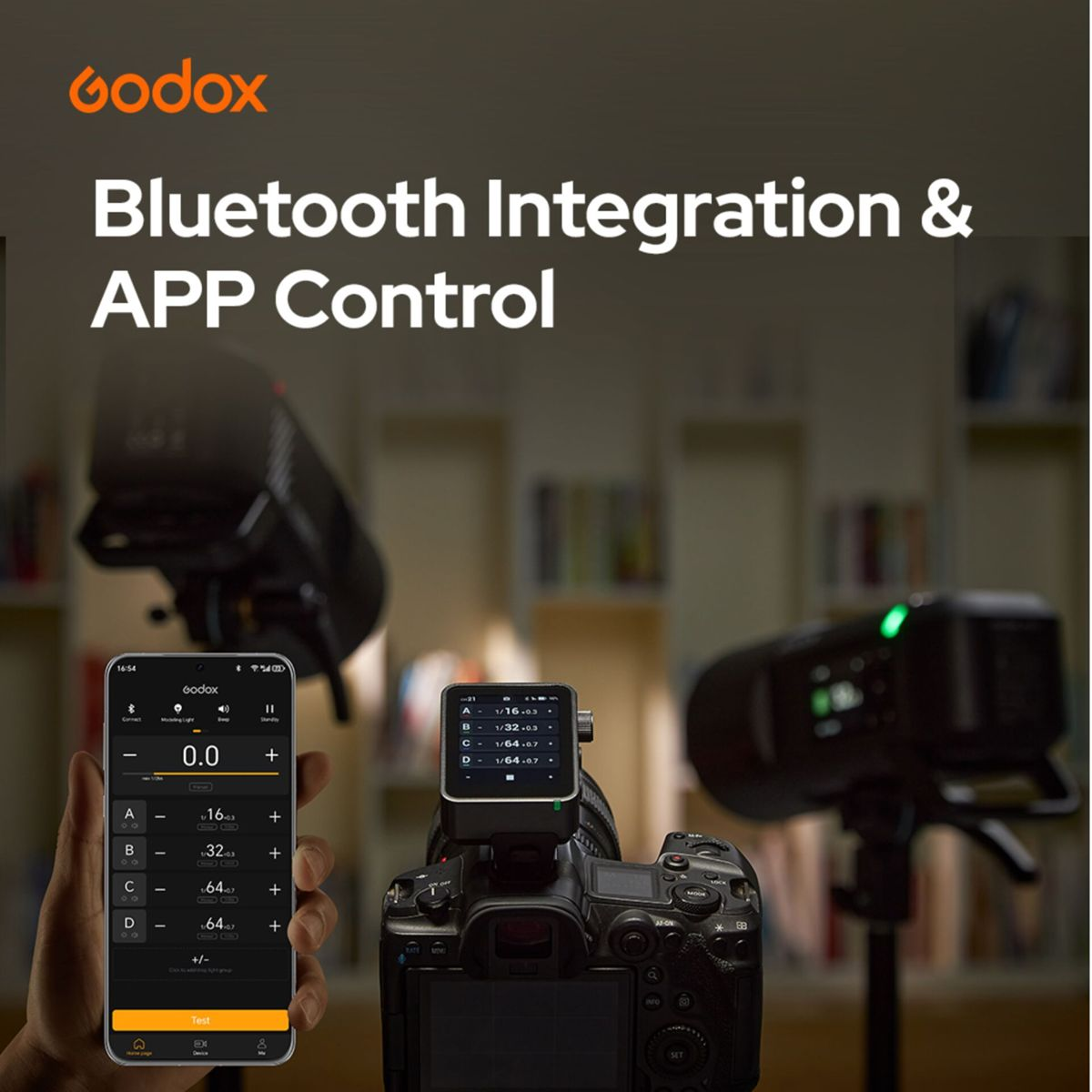 Godox flash control: Smartphone app controls camera flashes via Bluetooth.