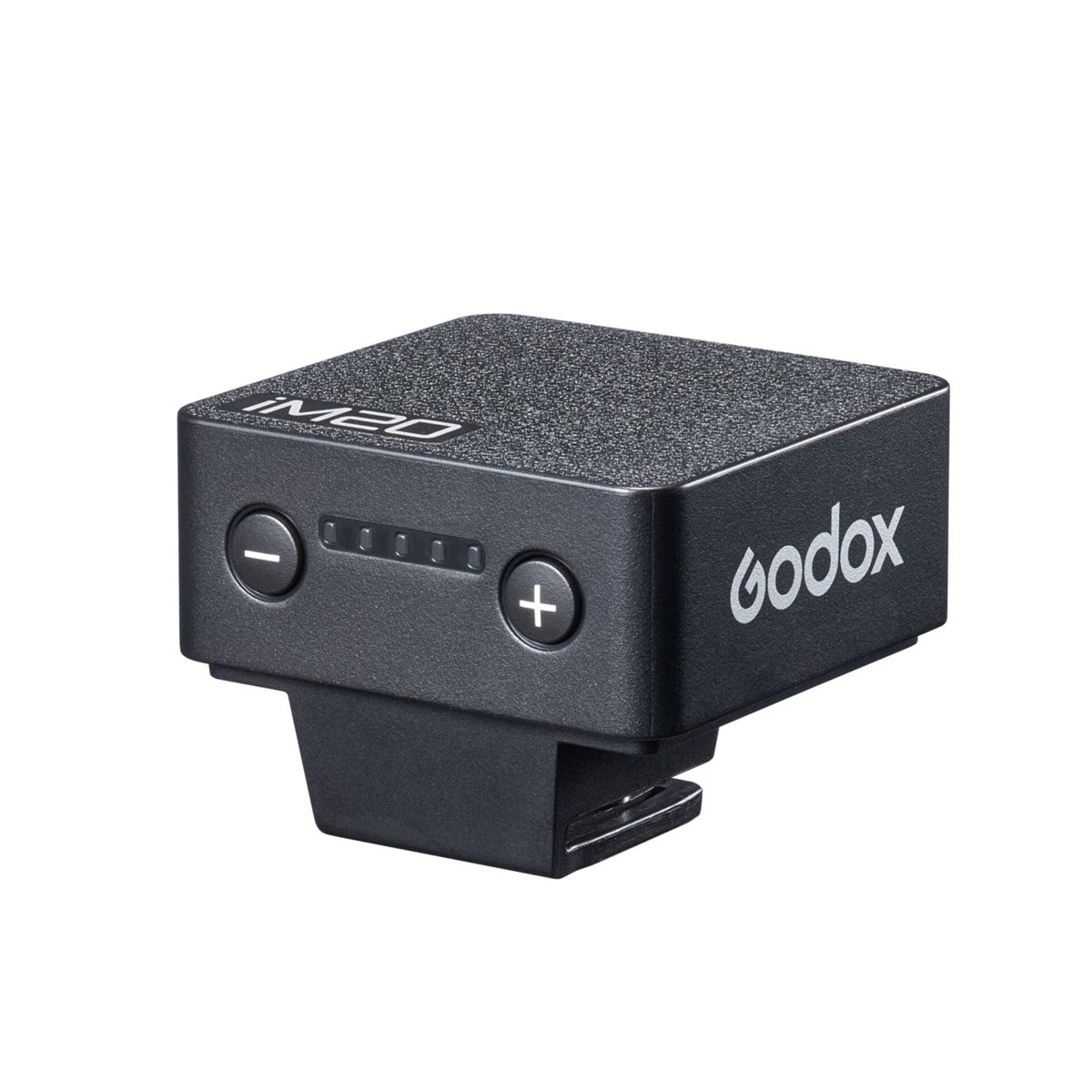 Small black Godox flash trigger with plus/minus buttons and battery indicator.