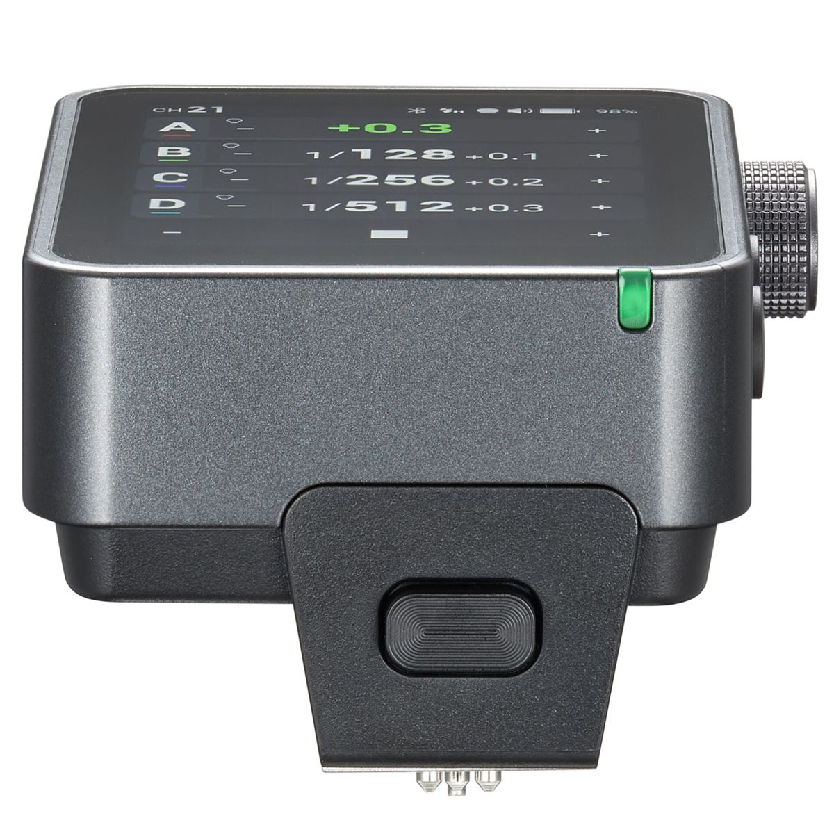 Gray device with LCD screen showing settings and a dial.