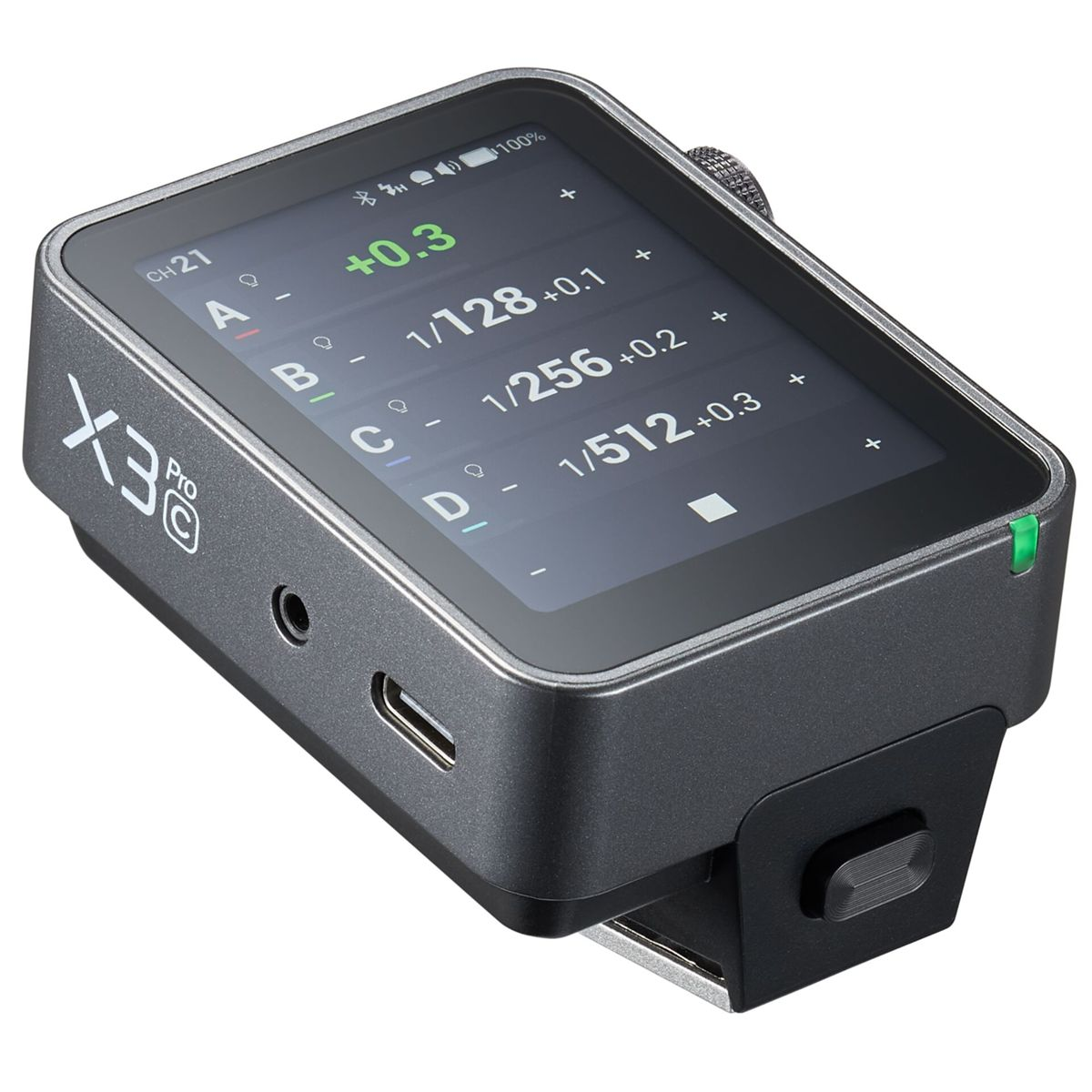 A gray X3 Pro device displays channel 21, settings A-D, and battery at 100%.