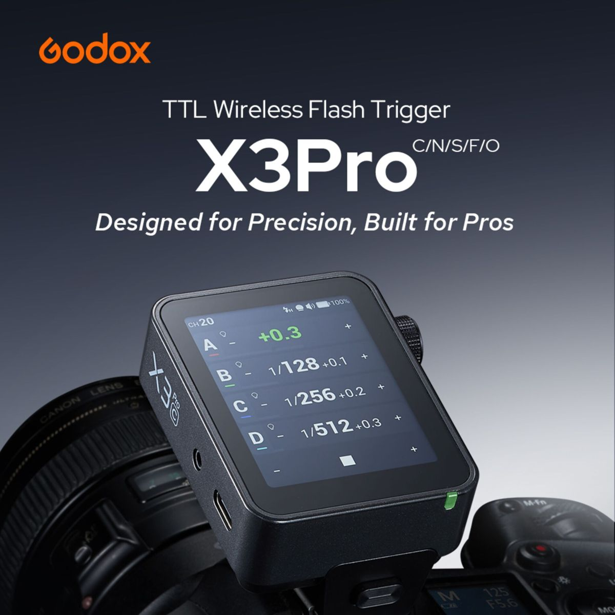 Godox X3Pro flash trigger on camera, showing screen display.