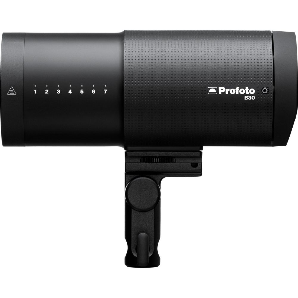 Black Profoto B3 flash head with markings 1-7 and mount.