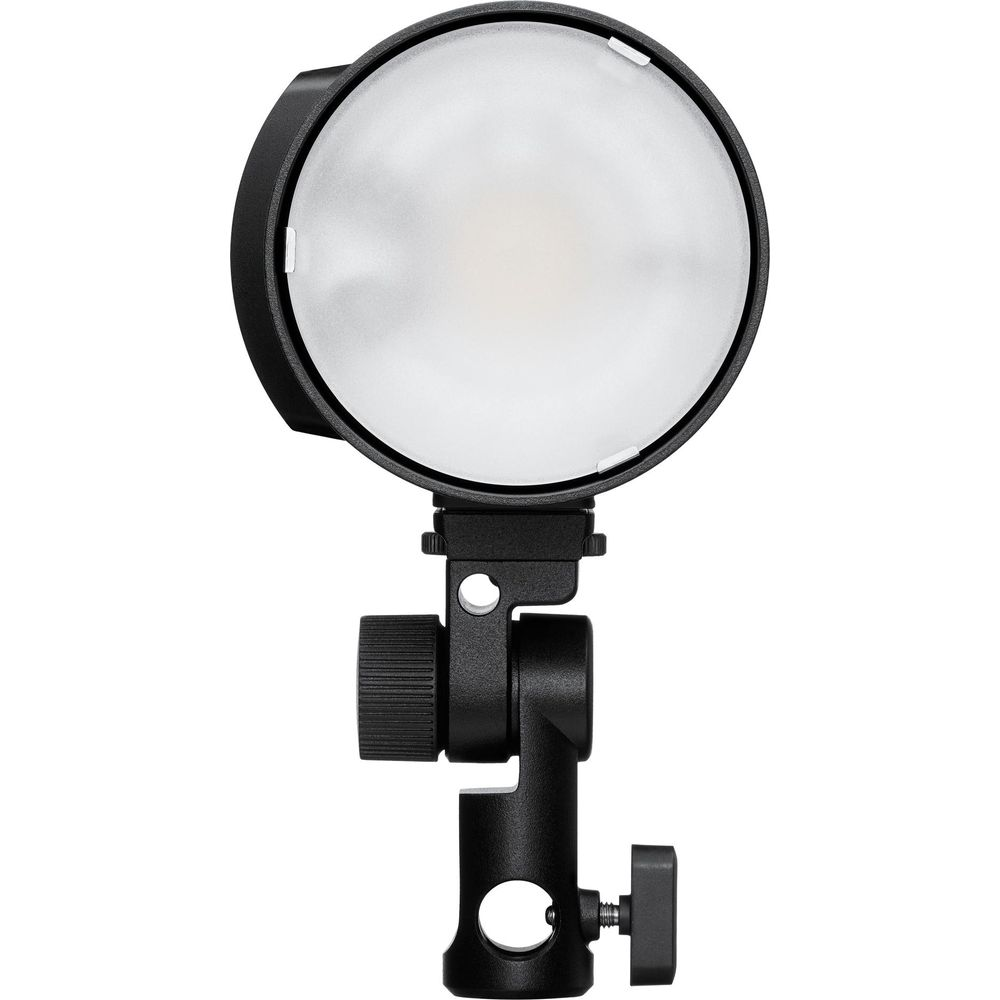 A black light head with a diffuser and mount against a white background.