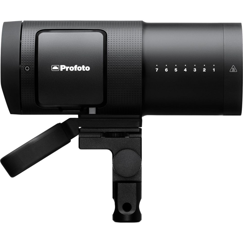 Black Profoto flash head with mount and a scale from 1 to 7.