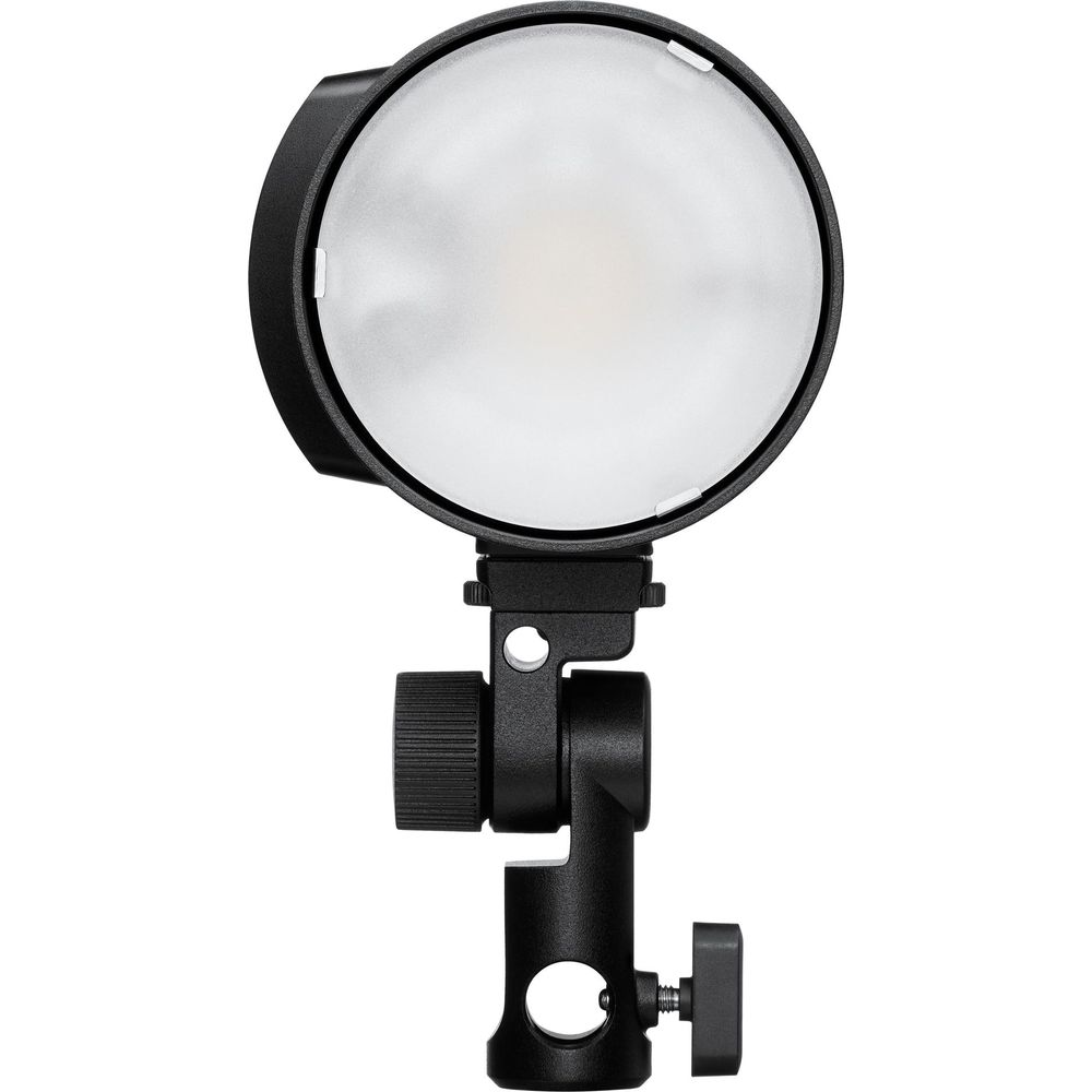 Een rond LED-licht met zwarte behuizing en montage.