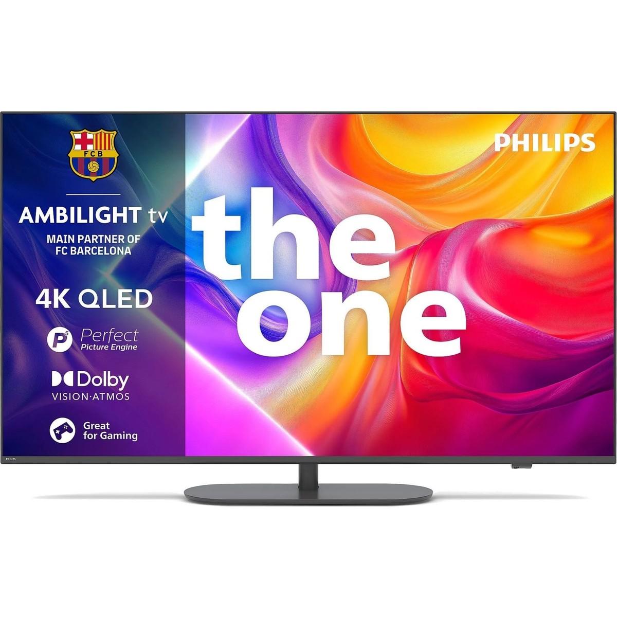 Ambilight'lı Philips 4K QLED TV, "The One" logosu ve FC Barcelona.