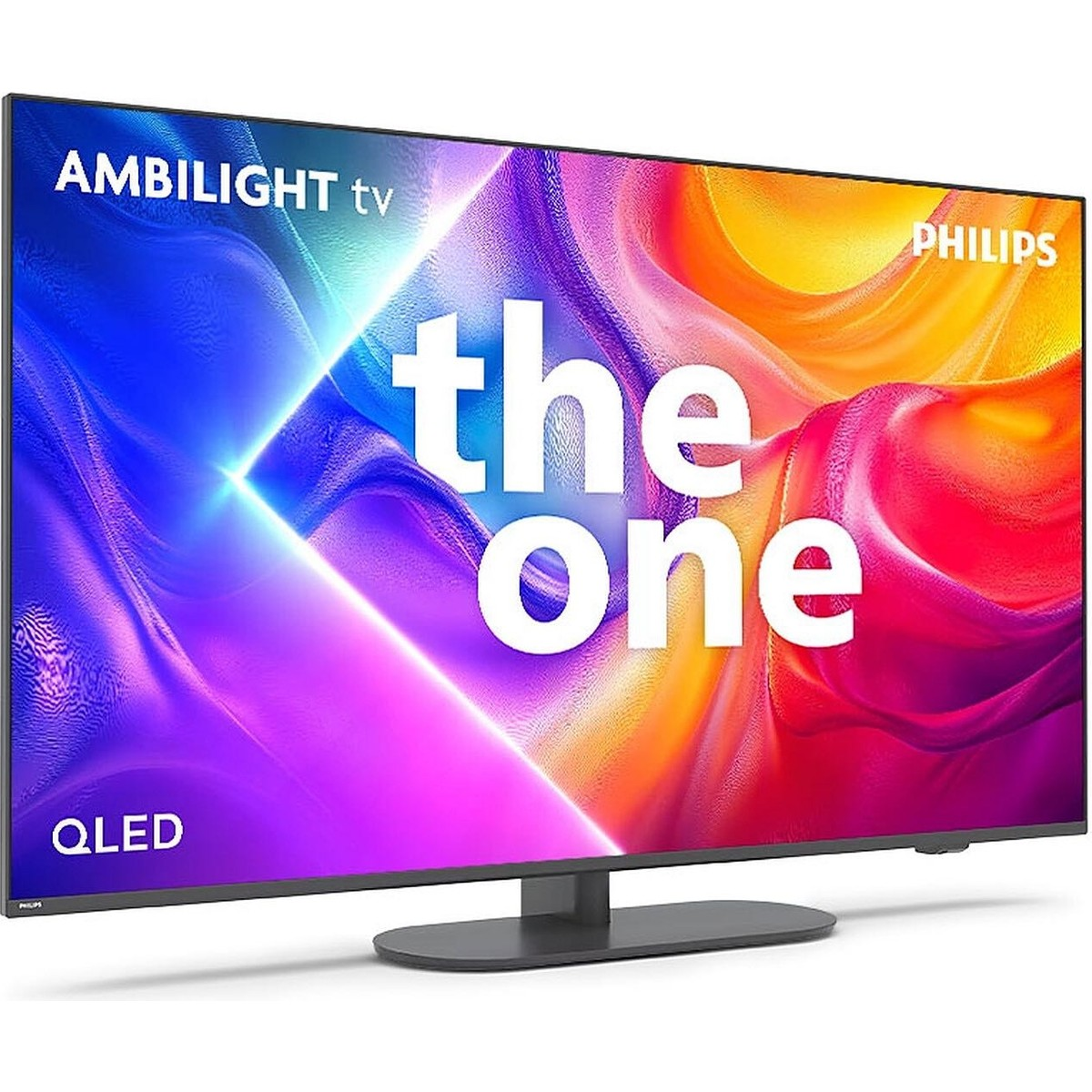 Ekranında "the one" yazısı bulunan bir Philips Ambilight QLED TV.