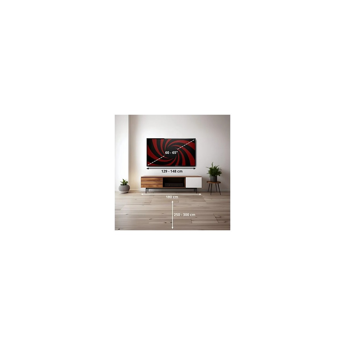 Kırmızı ve siyah spiral desenli bir TV, bir medya ünitesinin üzerinde.