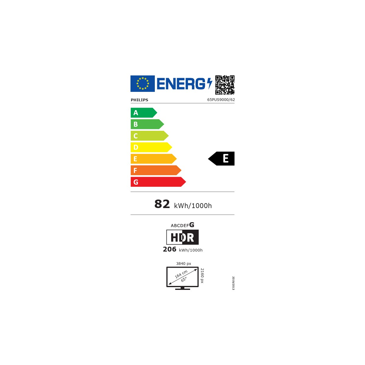 Philips logolu enerji etiketi, E sınıfı, 82 kWh/1000h, HDR.