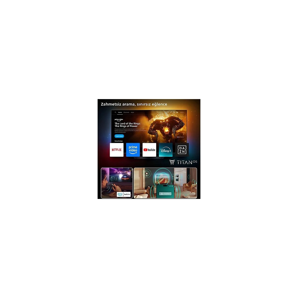Netflix, Prime Video, YouTube ve Disney+ gibi uygulamaları gösteren Smart TV ana ekranı.