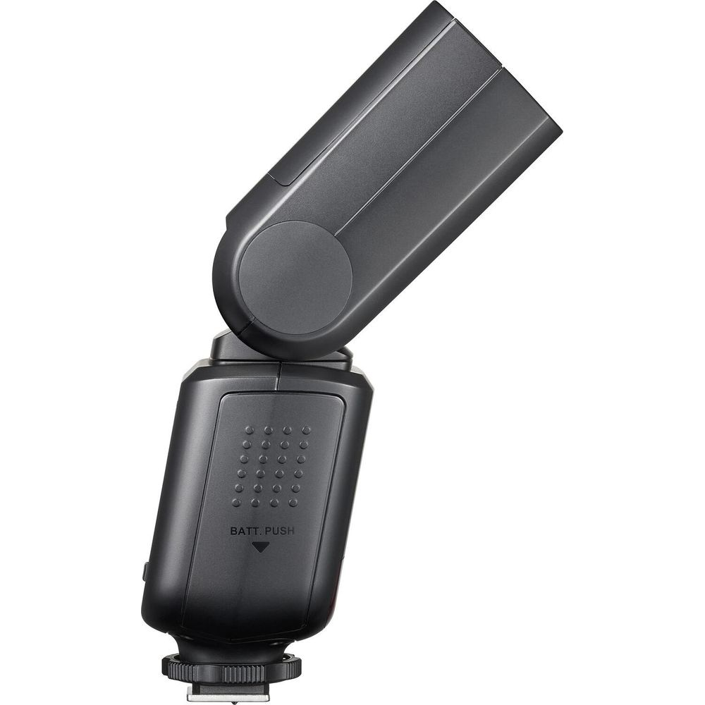 Dark gray camera flash with a swiveling head and battery compartment.