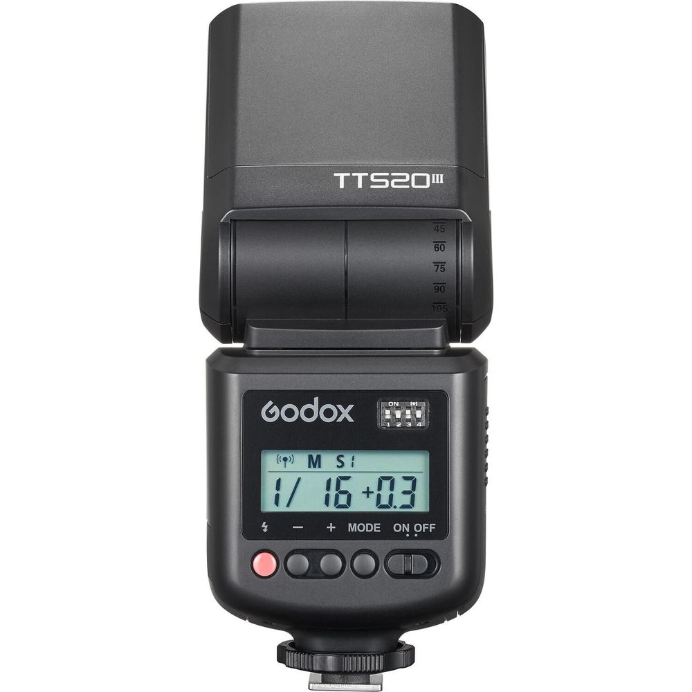 A black Godox camera flash unit with LCD screen and controls.