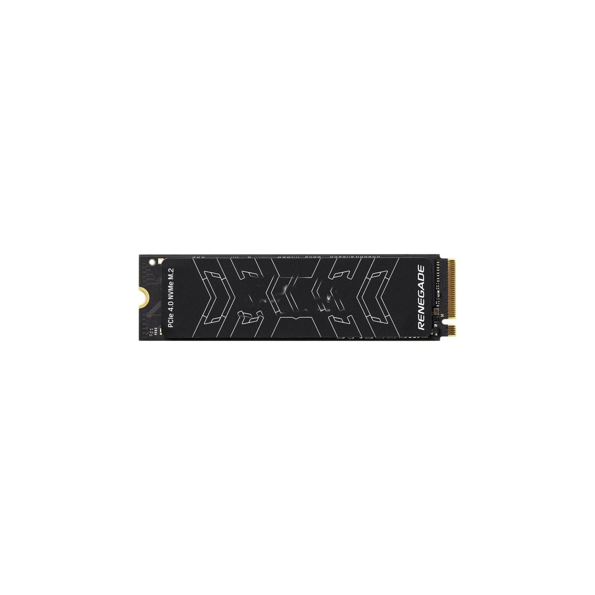 Gümüş beyaz geometrik desenli siyah bir M.2 NVMe SSD.