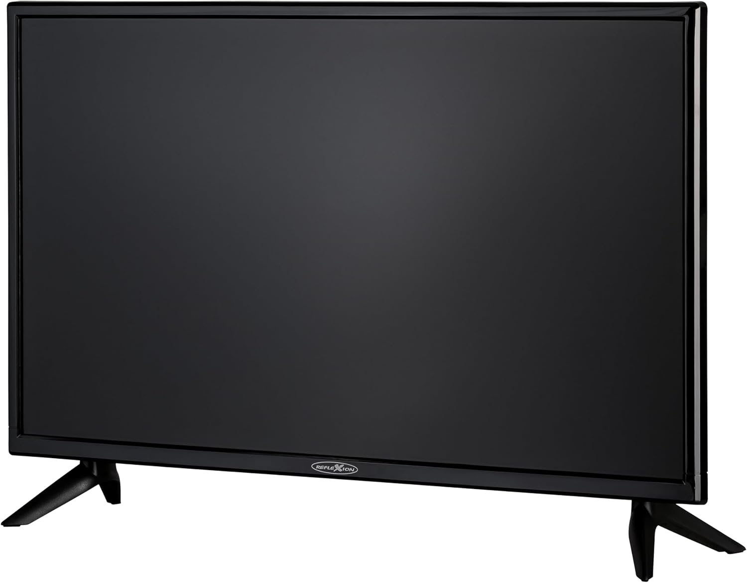 Ein schwarzer Flachbildfernseher mit zwei Standfüßen und einem Logo auf dem Rahmen.
