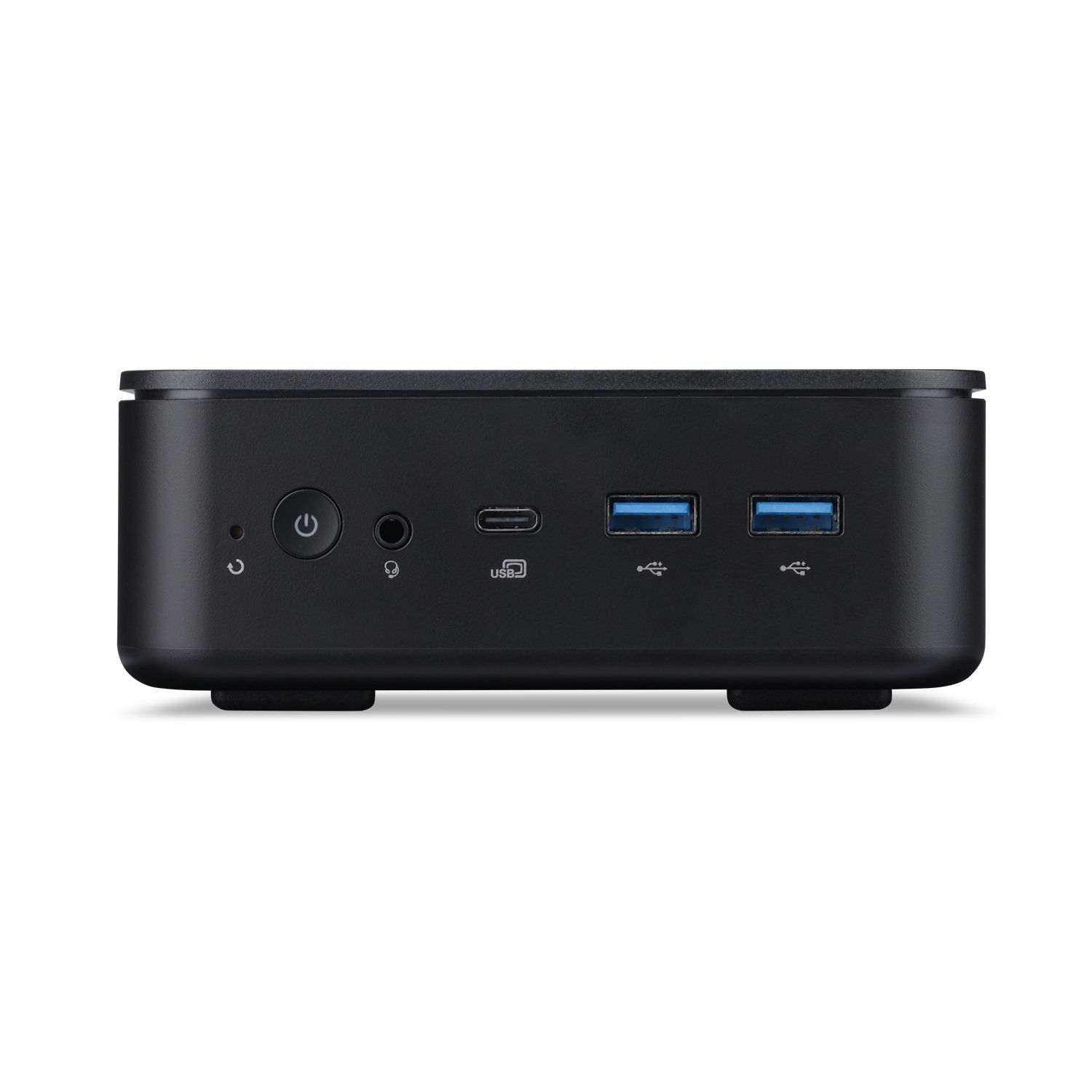 Schwarzer Mini-PC mit Ein-/Aus-Taste, Kopfhöreranschluss, USB-C und USB-A Anschlüssen.