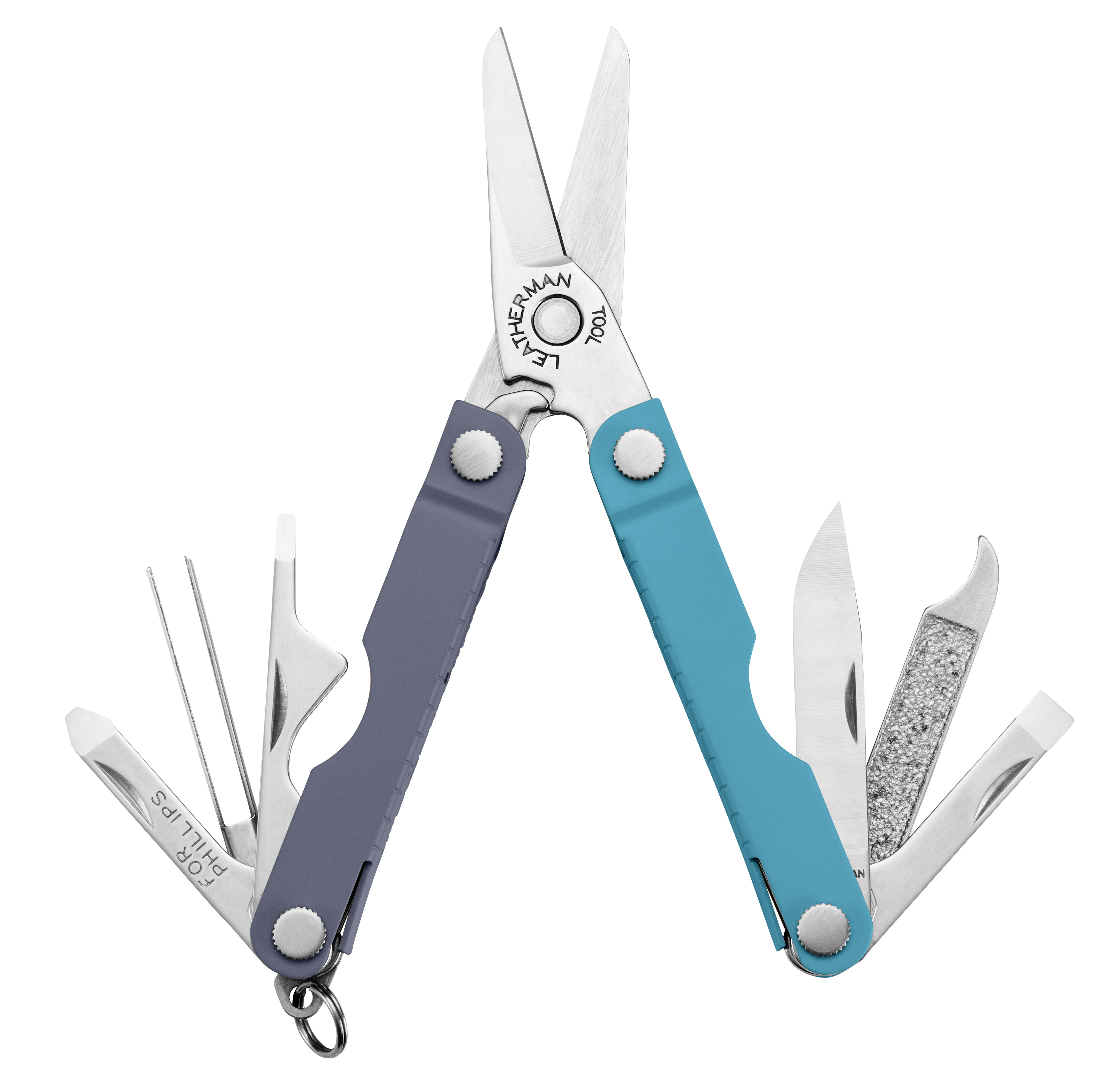 Ein Multitool mit blauen und grauen Griffen, geöffnet und auf weißem Hintergrund