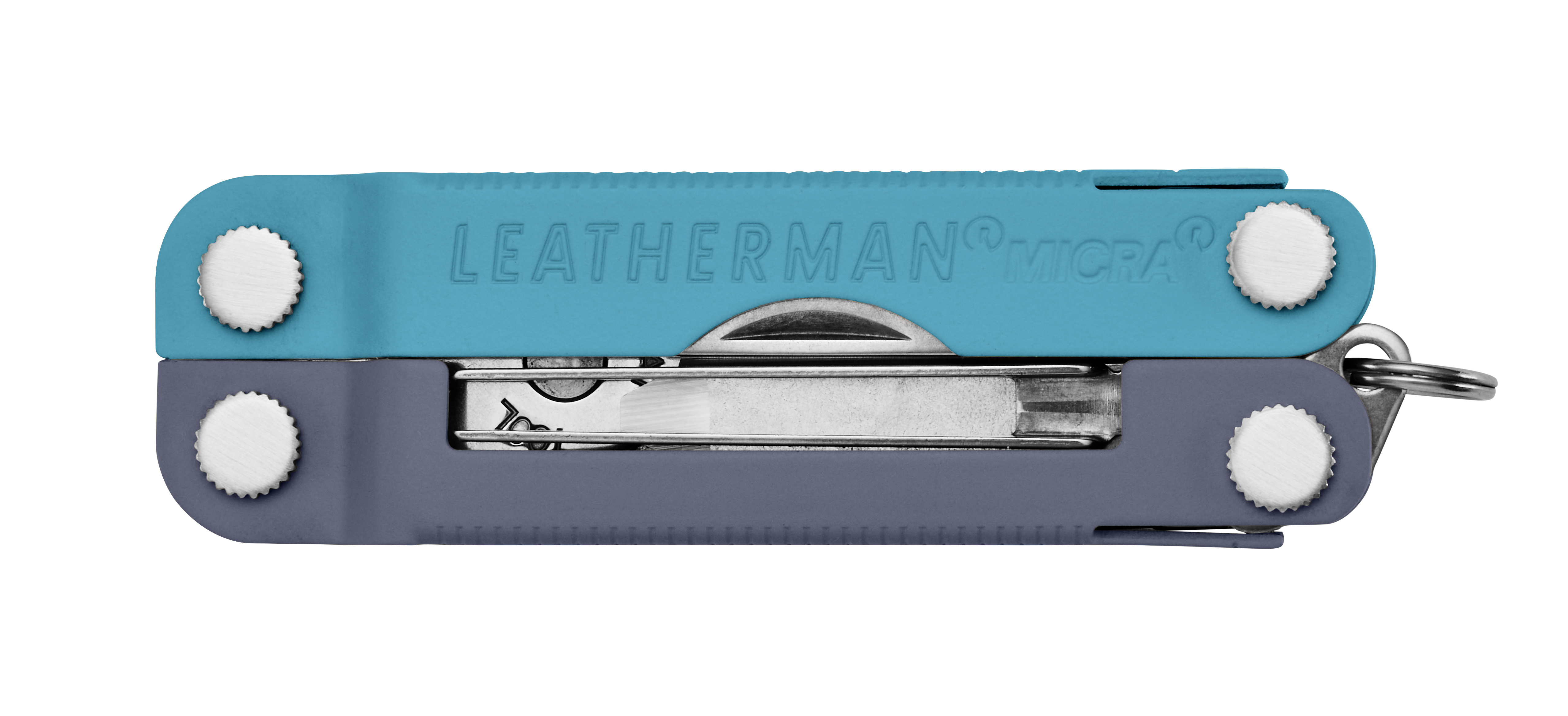 Ein geschlossenes Leatherman Micra Multitool in Türkis und Grau mit silbernen Nieten.
