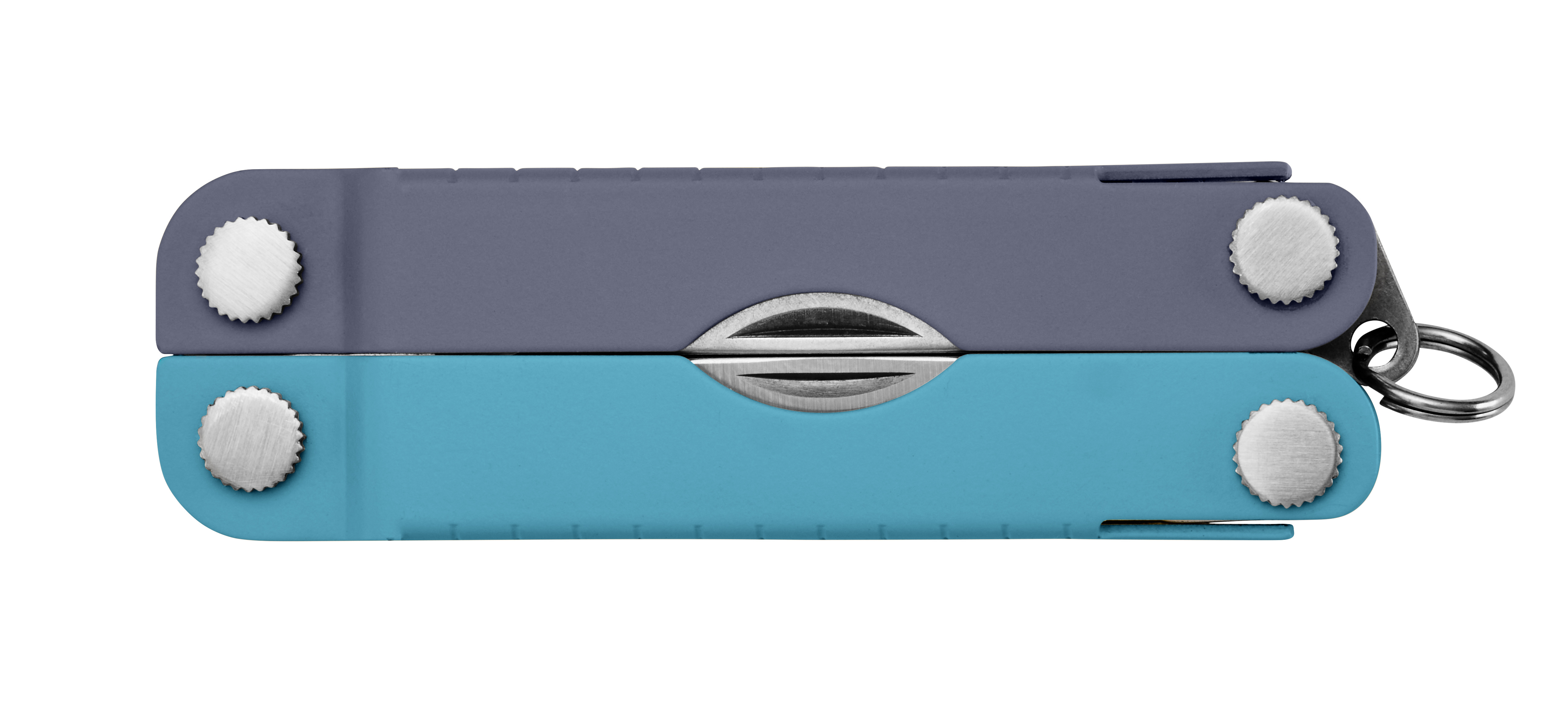 Graues und blaues Multitool mit Schrauben und Schlüsselring. Geschlossen.